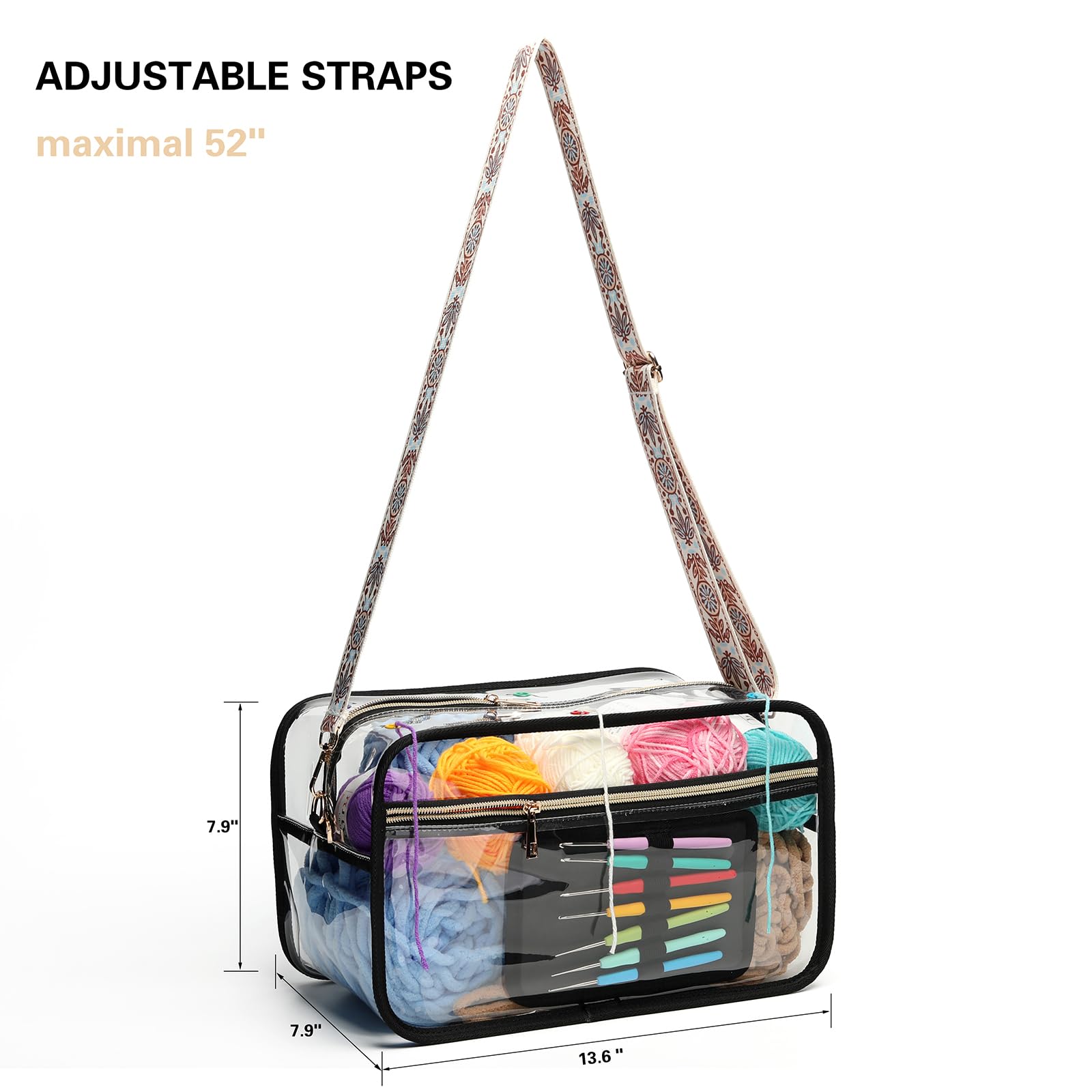 SIHEJA Crochet Bag - Transparent Yarn Storage - Yarn & Crochet Accessories Organizer, Gifts - Black & Striped Jacquard Shoulder Straps