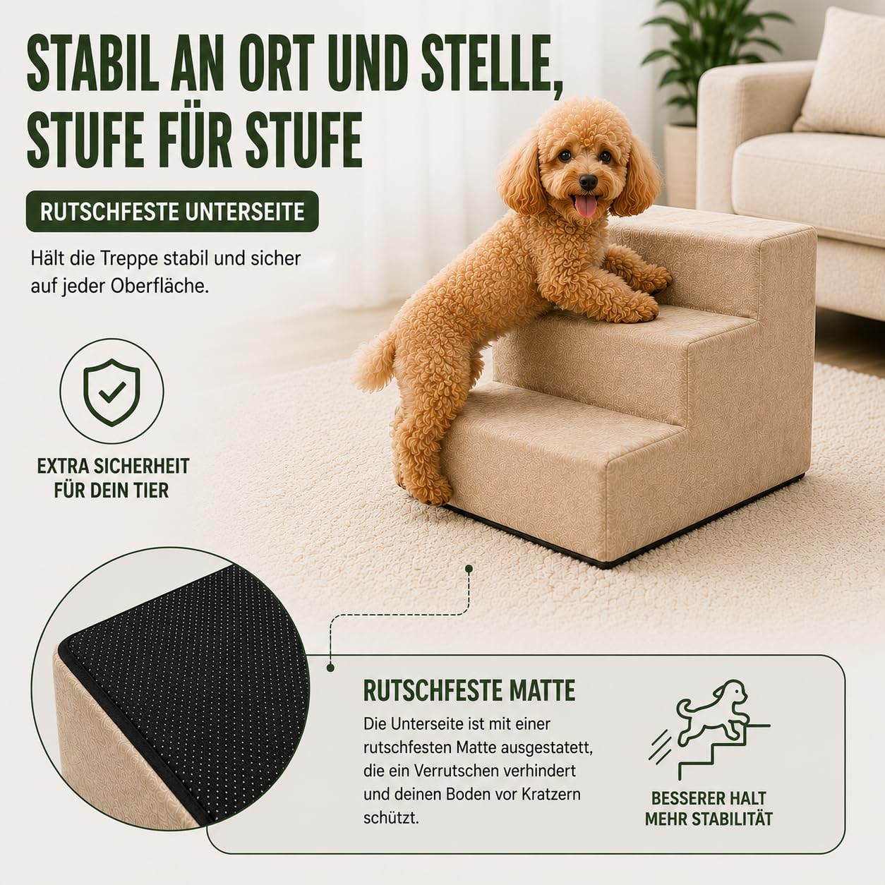 Muralo Hundetreppe 3 Stufen für Kleine Hunde, Katzen, Velvet - Flaschengrün