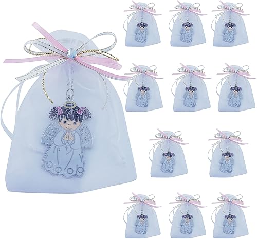 Llavero de bautismo de primera comunión (12 piezas) Ángel niña con bolsas decoradas de organzaRecuerdos para Primera Comunión BAUTIZO Niña