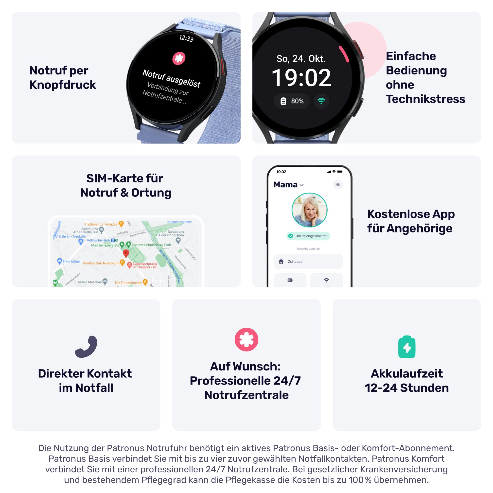 PATRONUS Notrufuhr - für Senioren - Hellblau - mit GPS – ABO notwendig | Manueller SOS-Notrufknopf ohne Sturzerkennung, Notrufarmband, Mobiler Hausnotruf, 24/7 Notrufzentrale, mit App, Pflegegrad