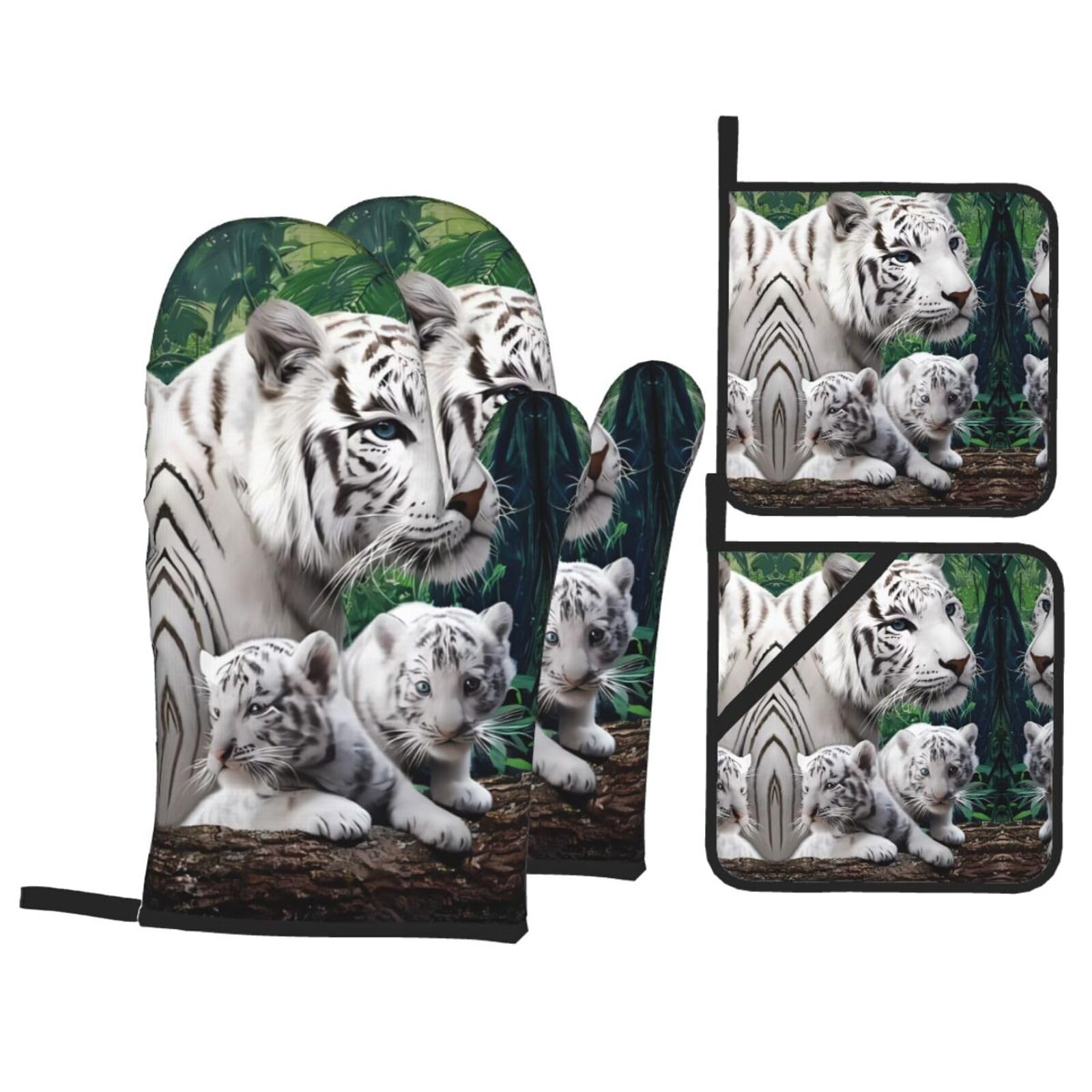 WHJSSF Tiger Prints Kitchen Baking Set - 4-Piece Heat Protection Layers with Waterproof Potholders for Oven, Grill & Serving
