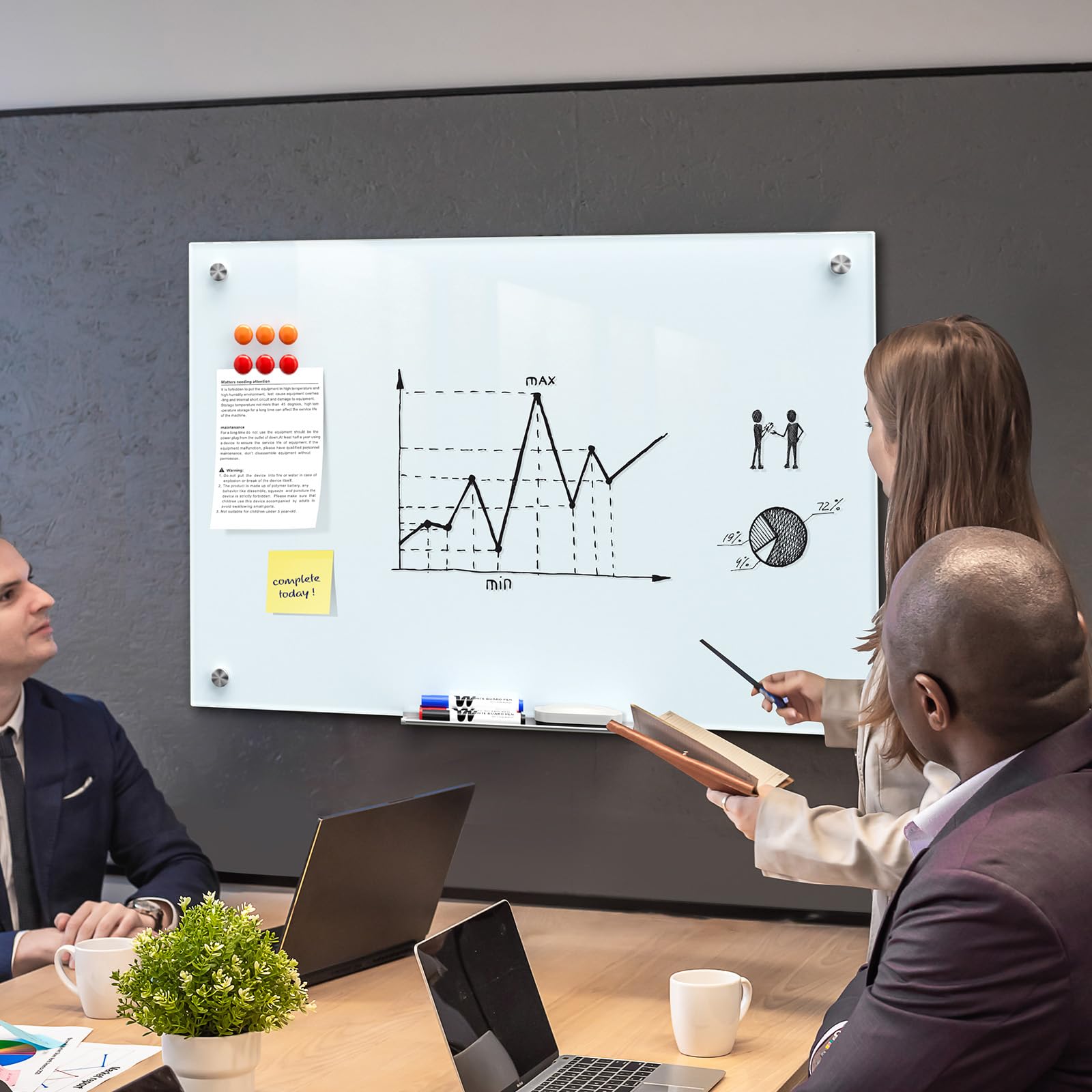 maxgear glass whiteboard wall mounted, frameless magnetic dry erase board, tempered glass, steel-backed, non-porous smooth surface, floating design, accessories included, for office home classroom