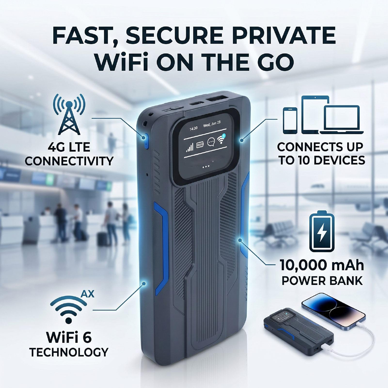 Hotspot Mobile 4G LTE, Router WiFi con Supporto per 10 Dispositivi Connessi, Display LCD, Batteria Integrata da 10000 MAh, Rete Privata per Viaggi di Gruppo, Viaggi in Auto e