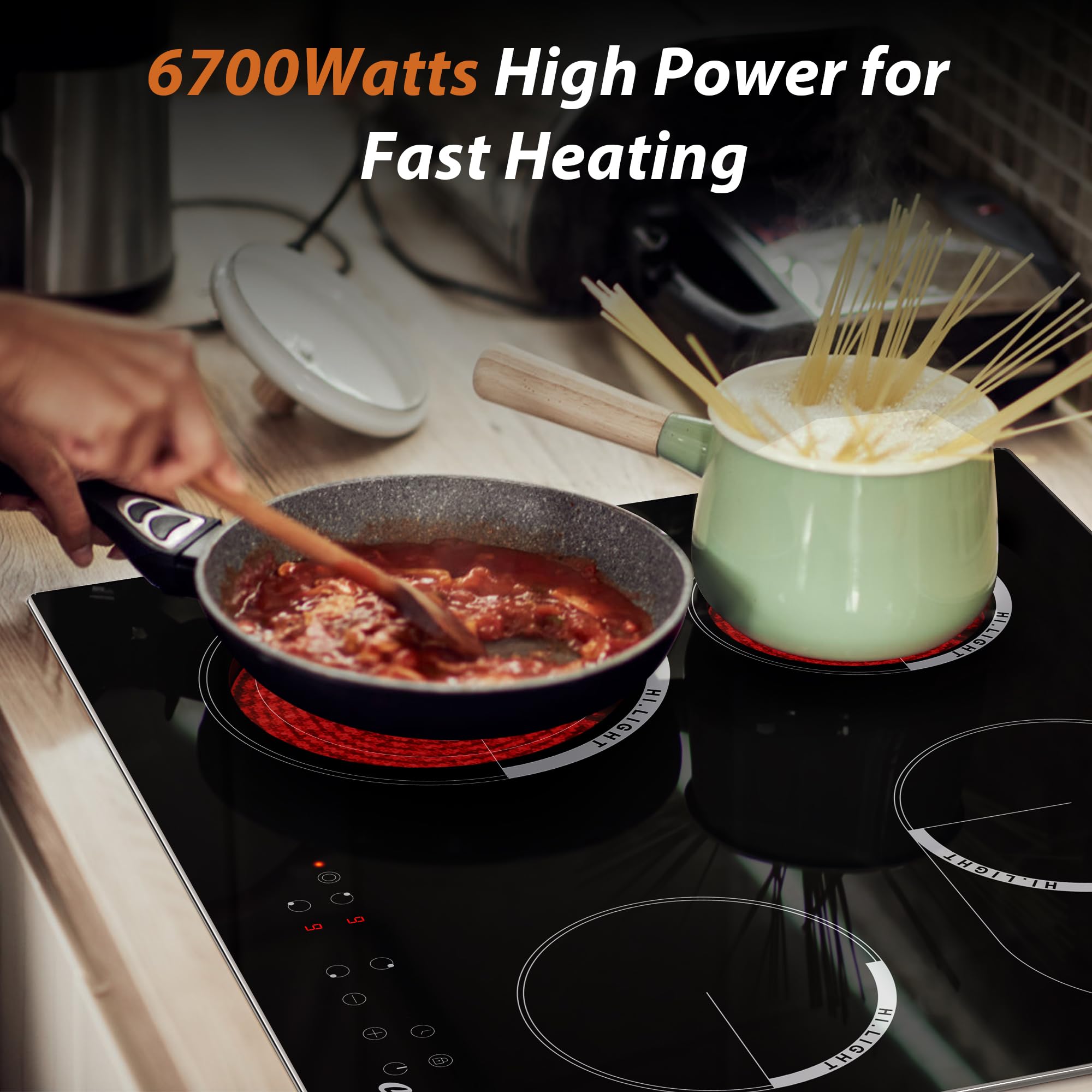 Electric Hob 60cm, Ceramic Hob 4 Ring 6700W, Electric Hob 4 Zone with Expandable Dual and Oval Zone, Built-in Hob with Frame, Timer, Safety Lock, 220-240V(No Plug) — view 6