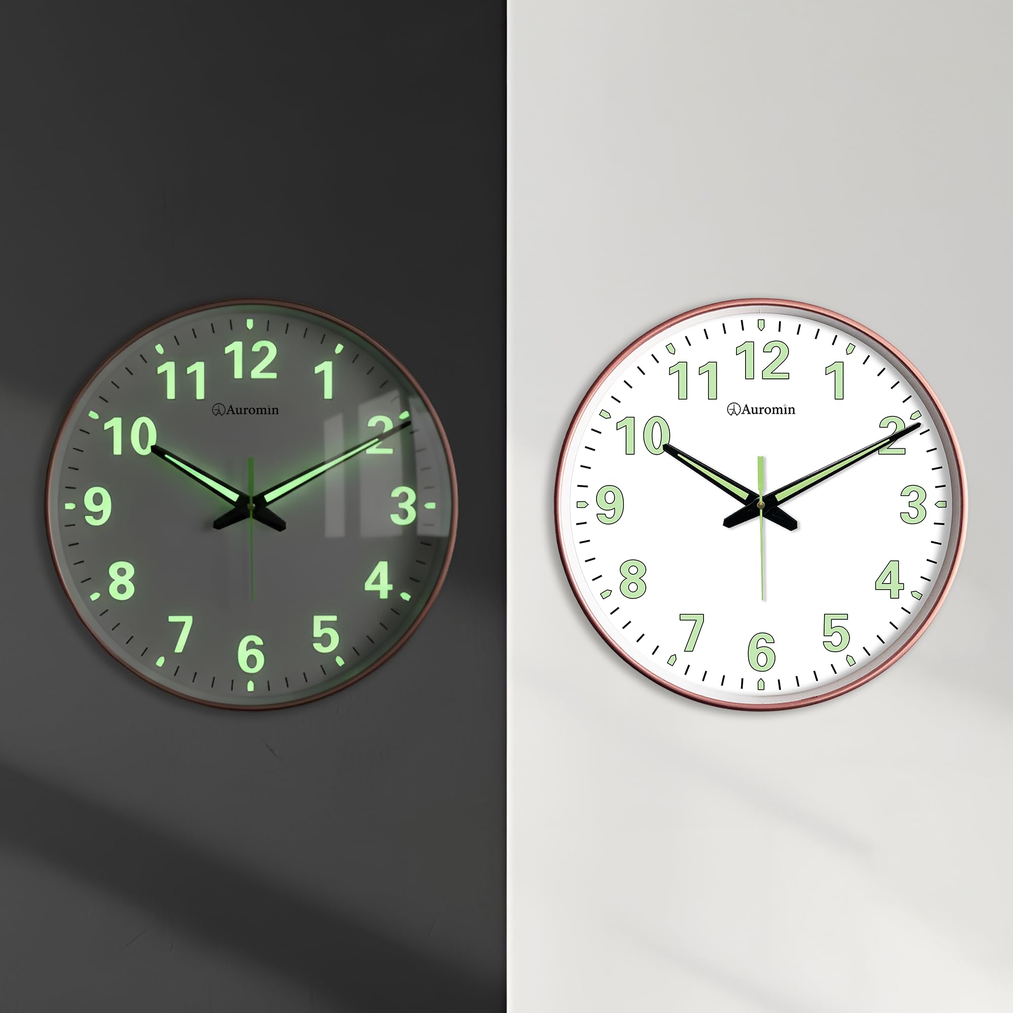 Auromin Antique Radium Glass Wall Clock Night Glow for Bedroom | Night Light Silent Glass Wall Watch for Living Room, Living Room, Study & Office | Fancy Large Stylish Clock with Glow in Dark Numbers