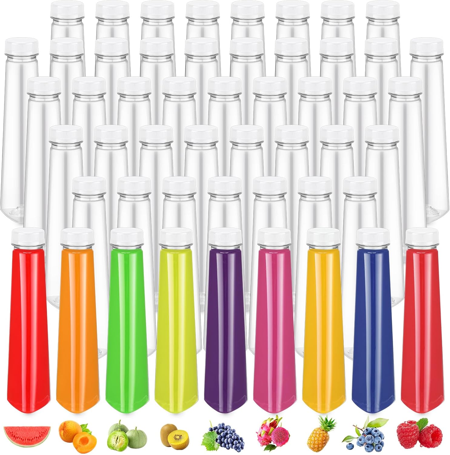 Tanlade 50 Pack 12oz Plastic Juice Bottles Clear Beverage Bottle with Tamper Evident Lids Empty Cone Fridge for Storing Homemade Juices, Milk, Water, Smoothies, Tea (White)