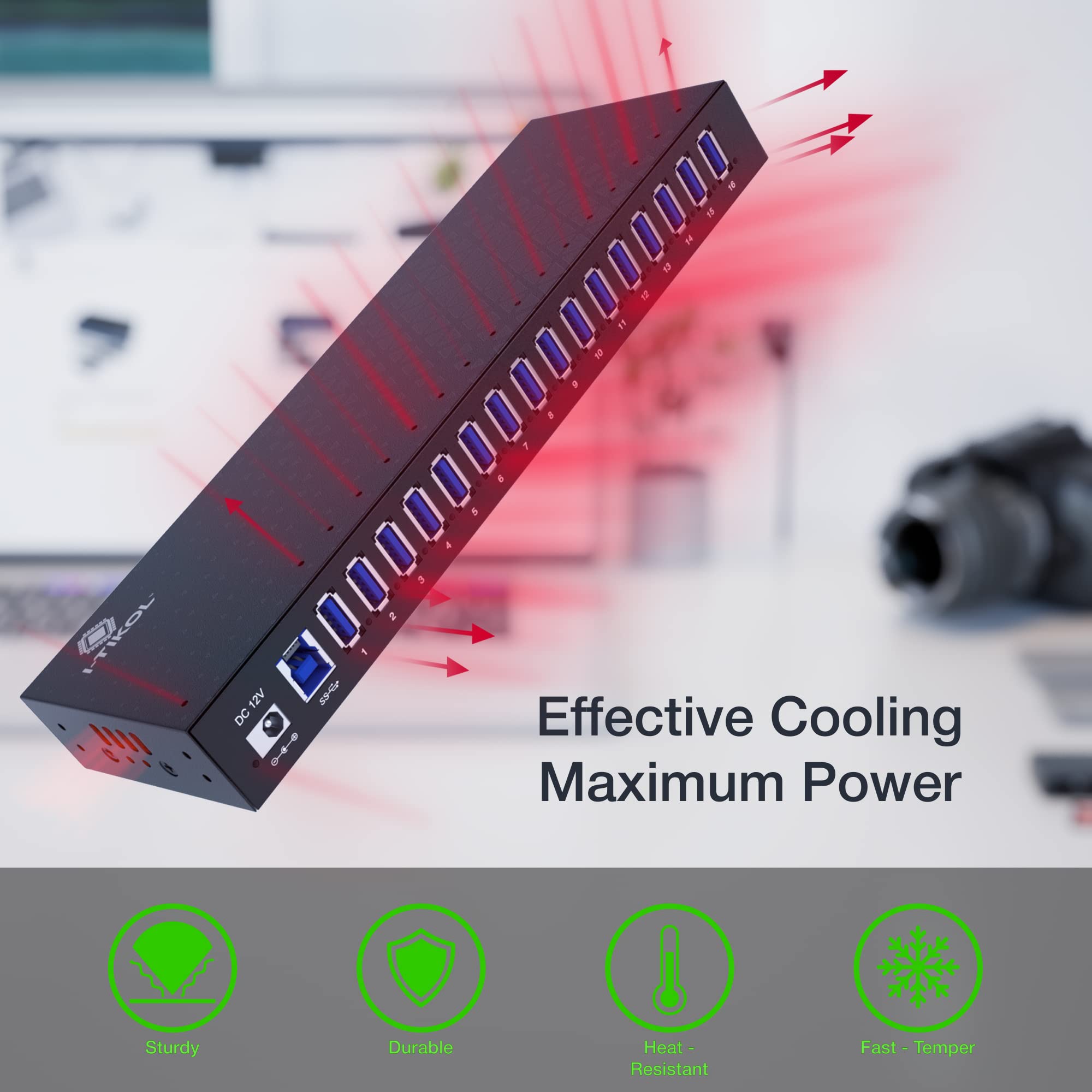 Hub USB 3.0 con 16 porte alimentate con USB 3.0 in lega di alluminio con LED ad alta velocità - Hub da 5 Gbps per dispositivi multipli Protezione multi-sicurezza Splitter USB per laptop e PC.