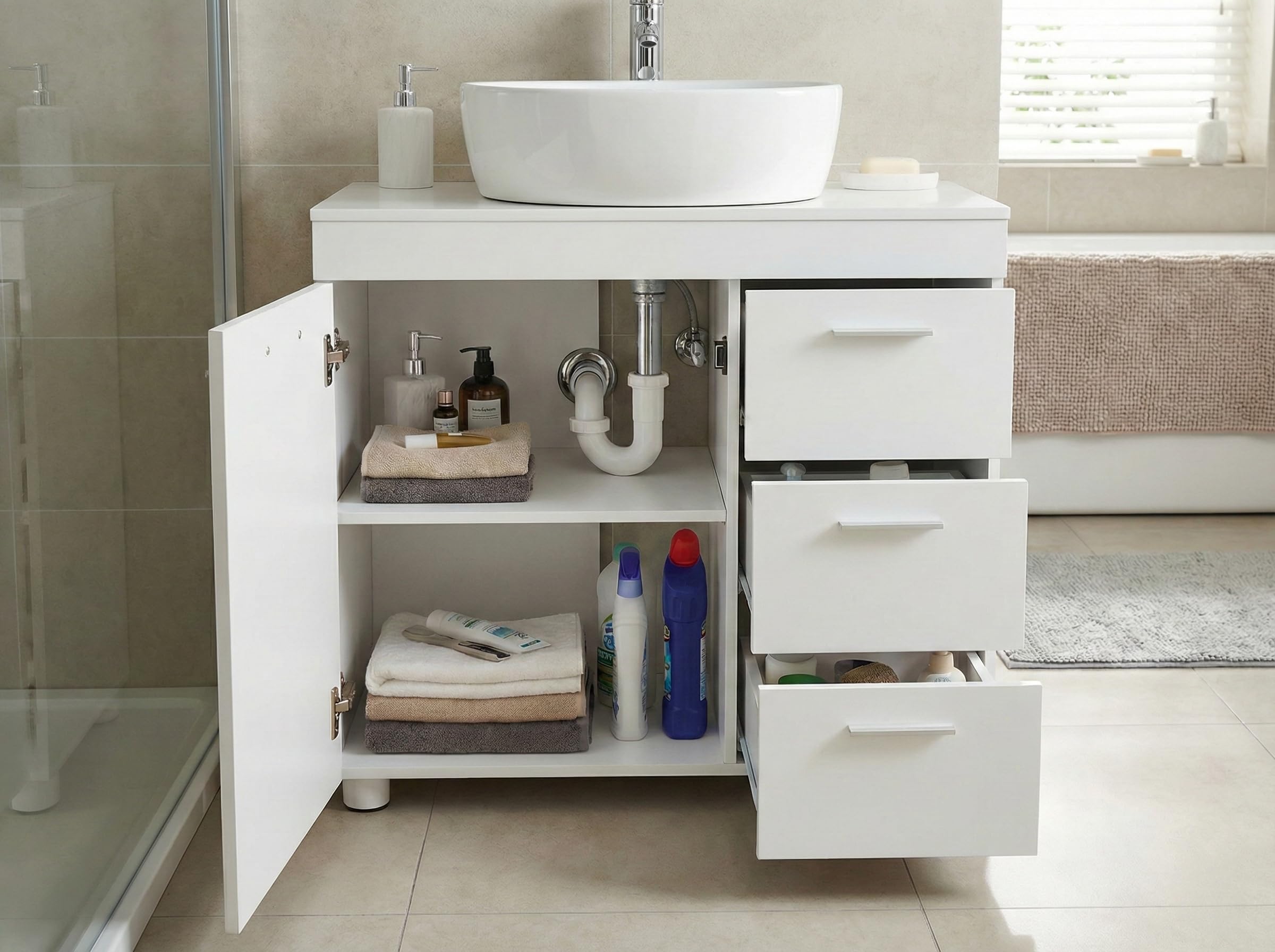 Mobile sottolavabo con 3 cassetti, 2 scomparti dietro la porta, piedi, mobiletto piccolo con ripiano regolabile, mobile da bagno, in legno, per bagno, cucina, bianco