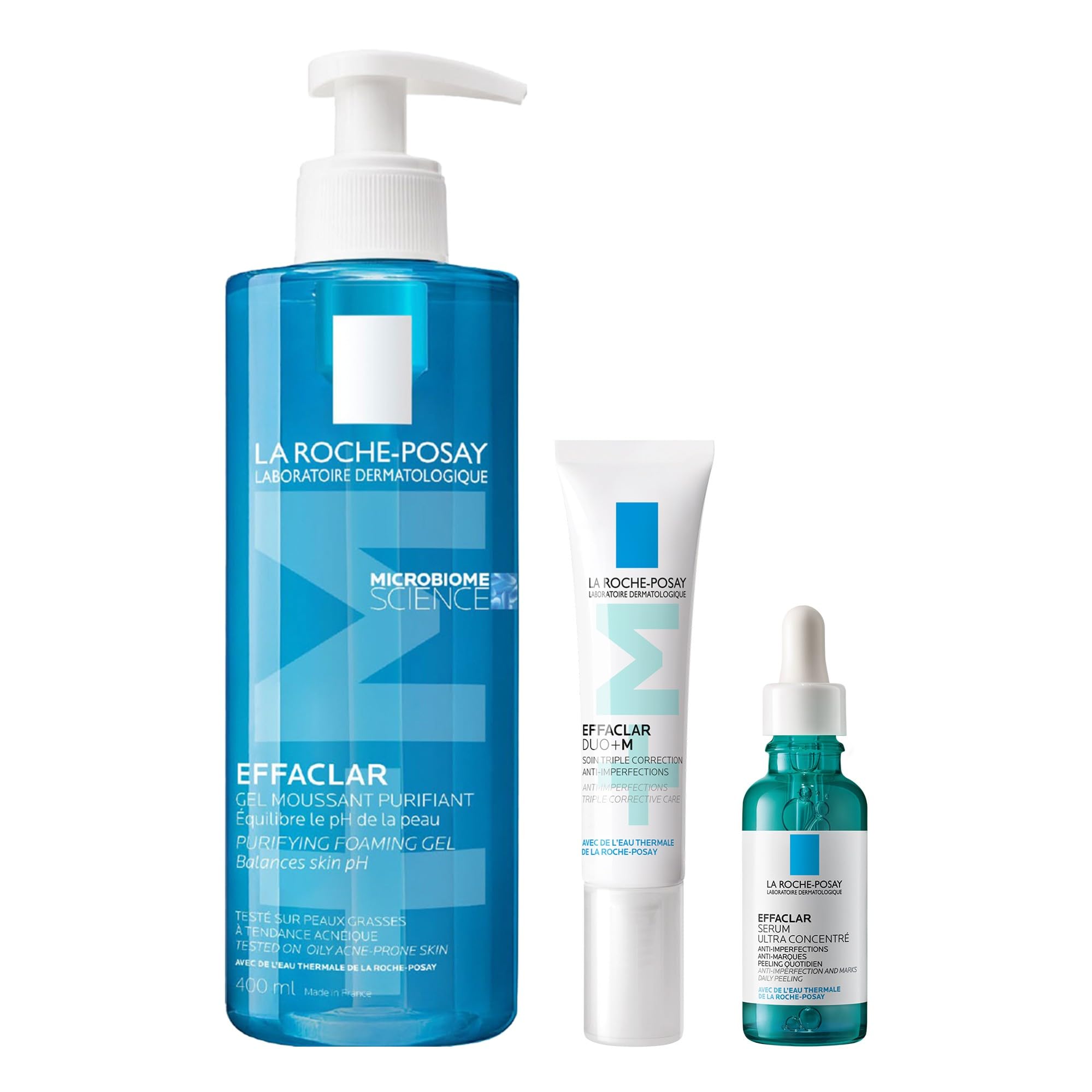 La Roche Posay Effaclar Set mit Schäumendem Reinigungsgel, Duo+M Creme & Hochkonzentriertem Peeling-Serum, Pflegeset gegen Unreinheiten & Hautglanz, Für Mischhaut & fettige Haut, 400ml + 40ml + 30ml