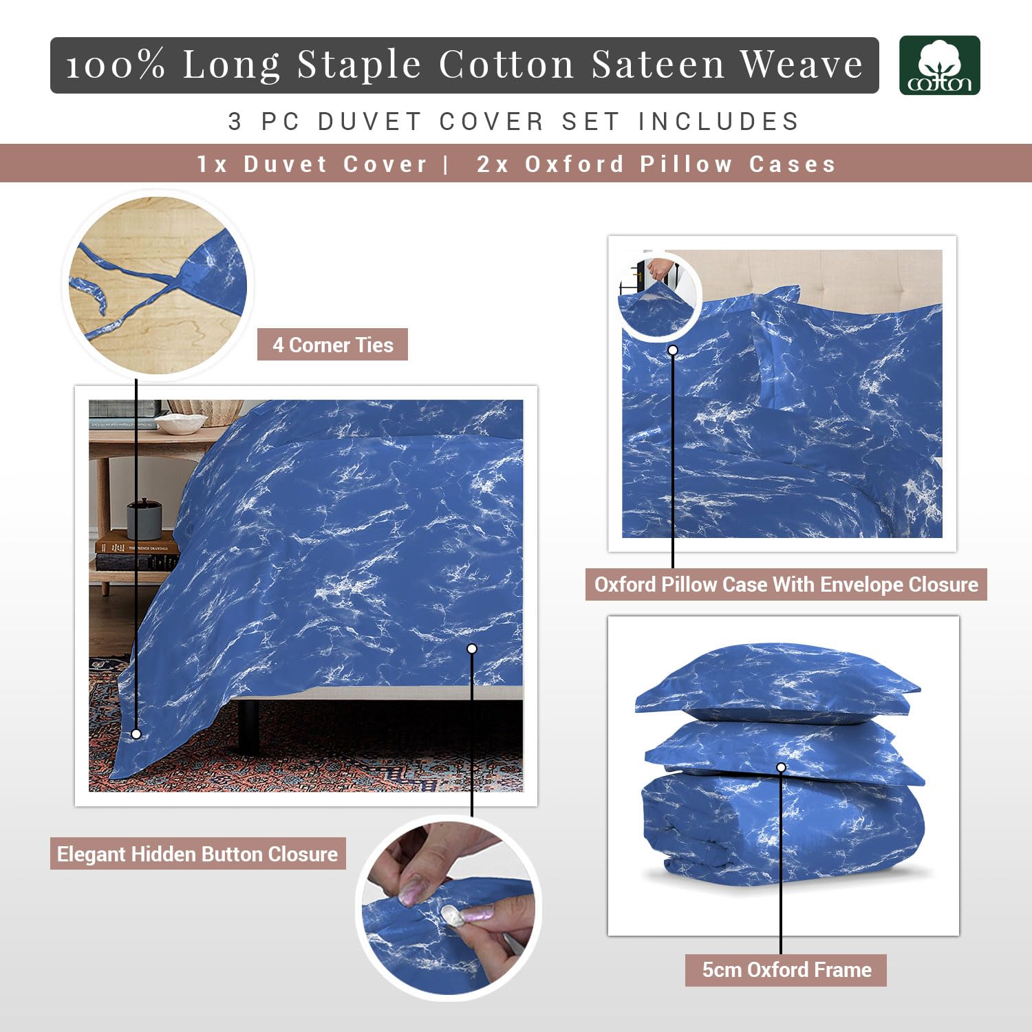 Pizuna Marble Blue Print Double Duvet Cover Set Cotton 400 Thread Count 100% Long Staple Cotton Printed Duvet Cover 200x200 Sateen Double Duvet Cover with Button Closure (Quilt Cover Double) - Image 3