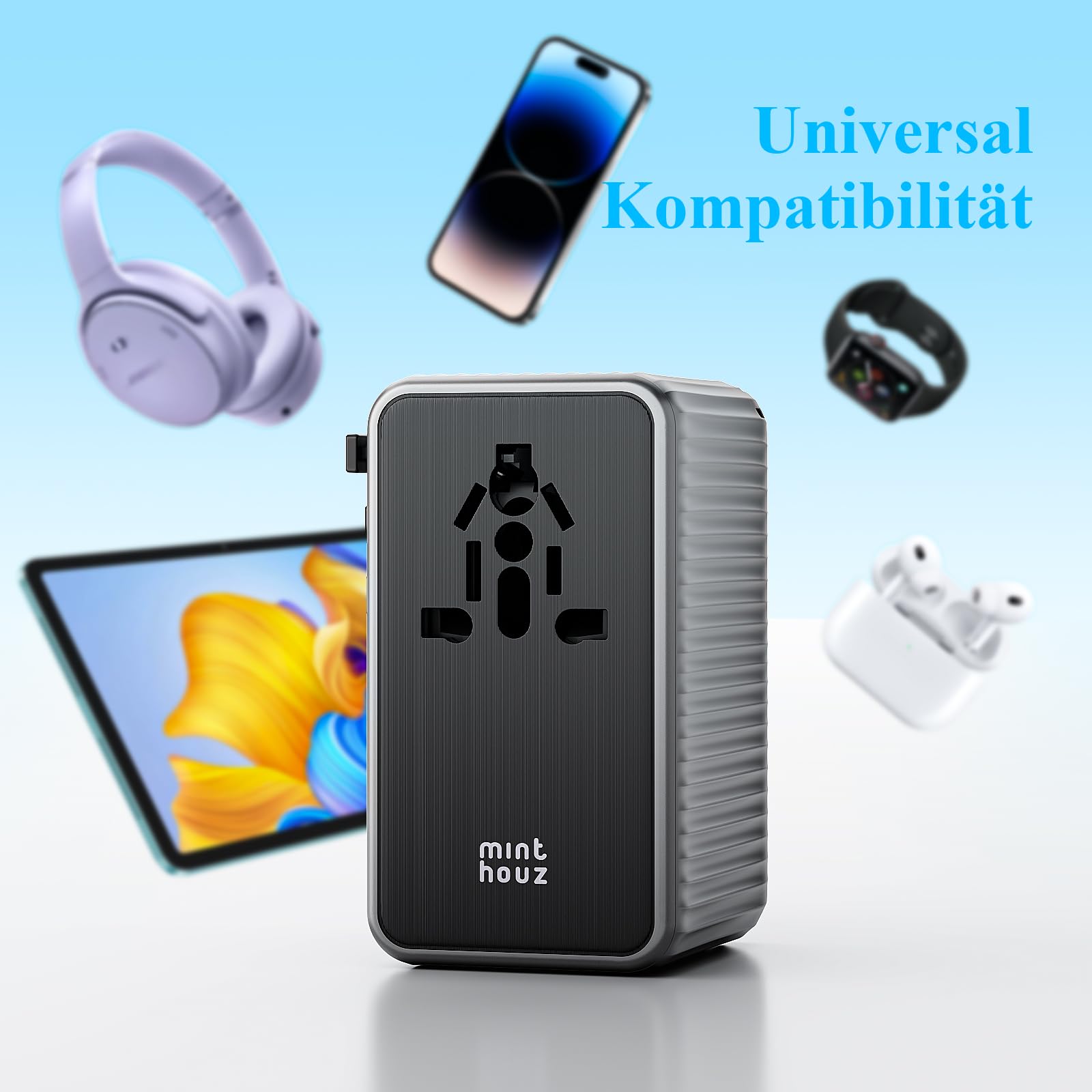 Minthouz Reiseadapter Weltweit,GaN Ⅲ PD 140W Universal Reisestecker mit 3 USB C und 1 USB A，Internationaler Steckdosenadapter,Power Adapters,Universaladapter für UK USA Japan Thailand Australien