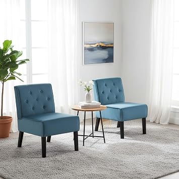 Container Furniture Direct Reeso 2-Piece Living Room Armless Button Tufted Pattern Accent Chair, Blue