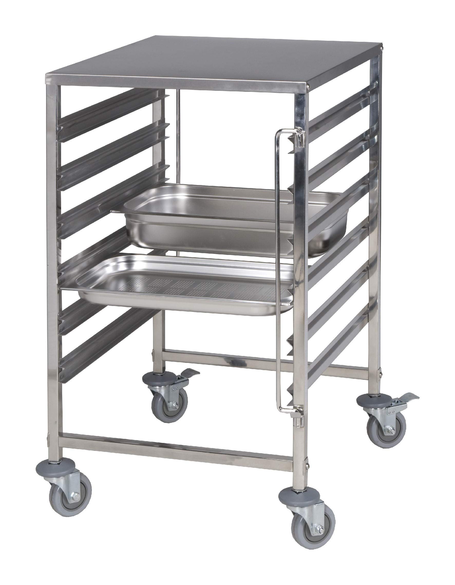SARO NOEL Carro de estantería con zona de trabajo, acero inoxidable, para 12 GN 1/1 o 6 GN 2/1, 6 compartimentos, 120 kg de carga, 4 ruedas, 595 x 670 x 1025 mm