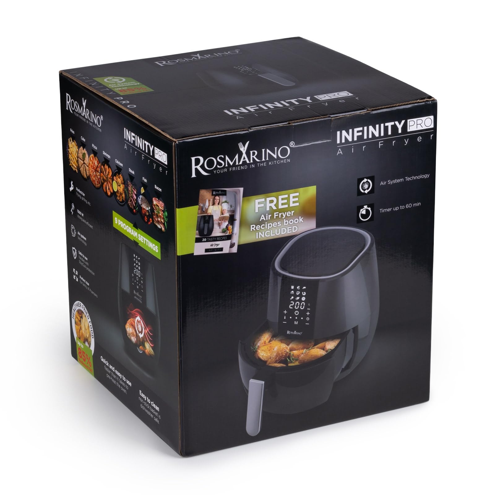 ROSMARINO Frytkownica beztłuszczowa, 3,5 l, XL, Air Fryer z cyfrowym ekranem dotykowym LED, 9 programów, podgrzewanie wstępne i utrzymywanie ciepła, tryb shake, 100 przepisów po niemiecku, 1500 W