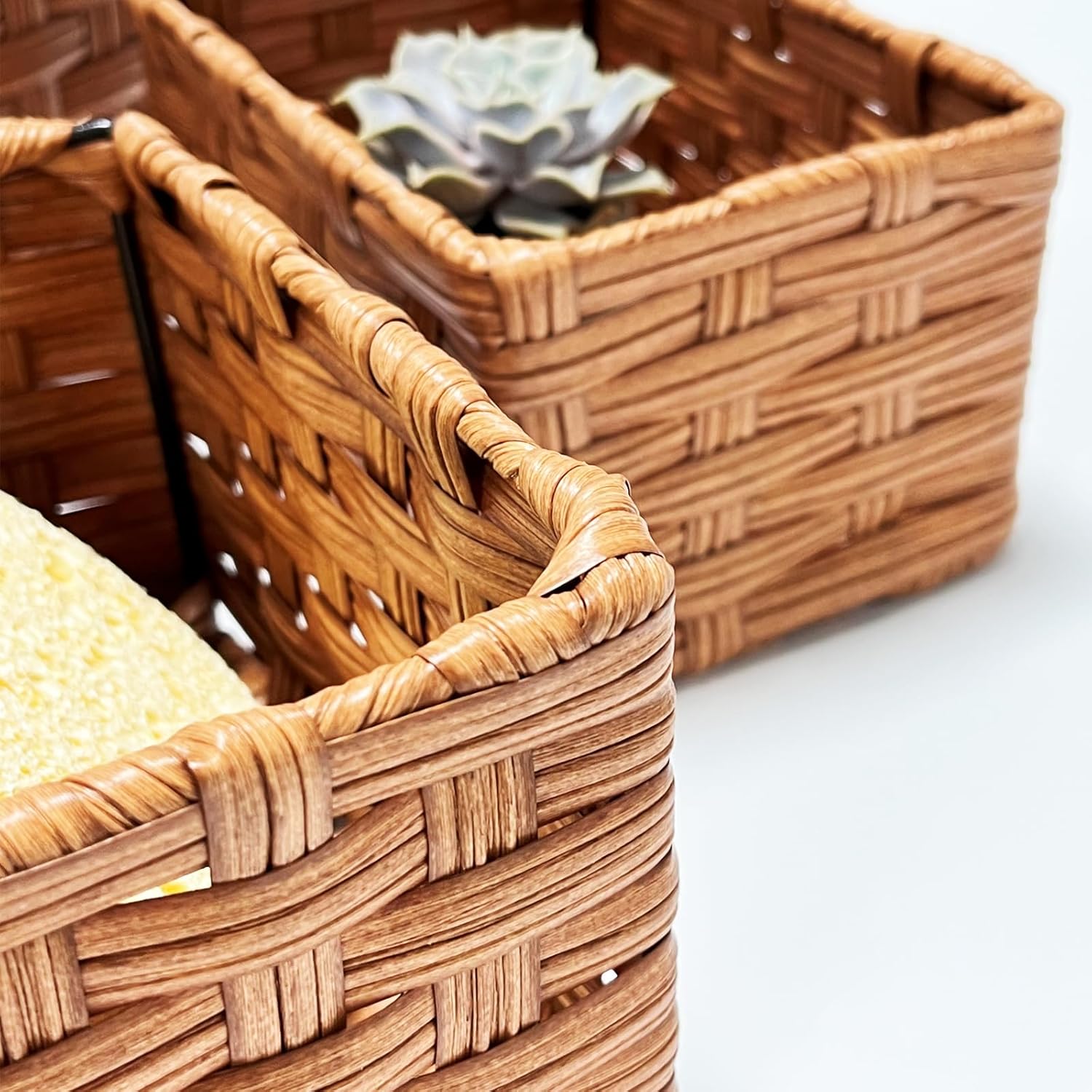 MaraFansie Containers of plastic for storage of feminine products for household or domestic use, Wicker Storage Baskets Wicker Baskets, Waterproof Nesting Lined Caramel, Set of 3