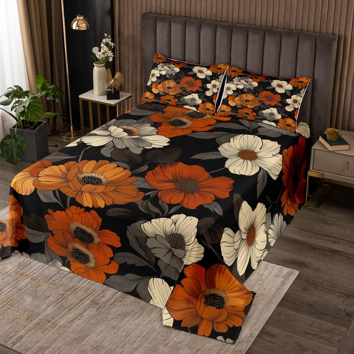 Erosebridal Watercolor Floral King Bedspread Set Red Beige Flower Quilt Set, Botanical Plant Theme Coverlet Set Oil Painting Aesthetic Bedding Set for Kids, Summer Tropical Leaves Bed Cover