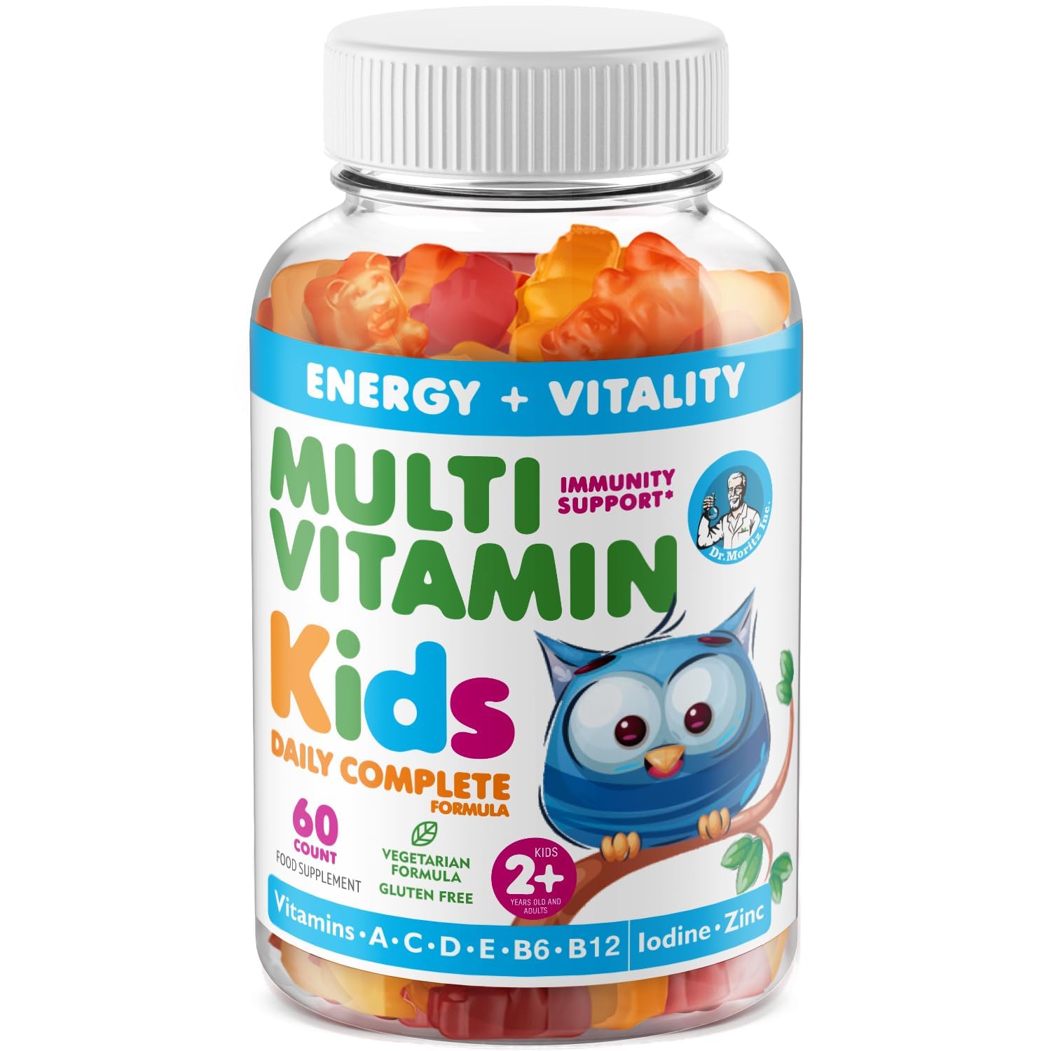DR. MORITZ Kids Multivitamin Gummies 14 Essential Vitamins Daily Supplement for Ages 2+ Vitamin ACDE Vegetarian B6 B12 Zinc Biotin Gummy Multivitamins for Children- (60 Count)