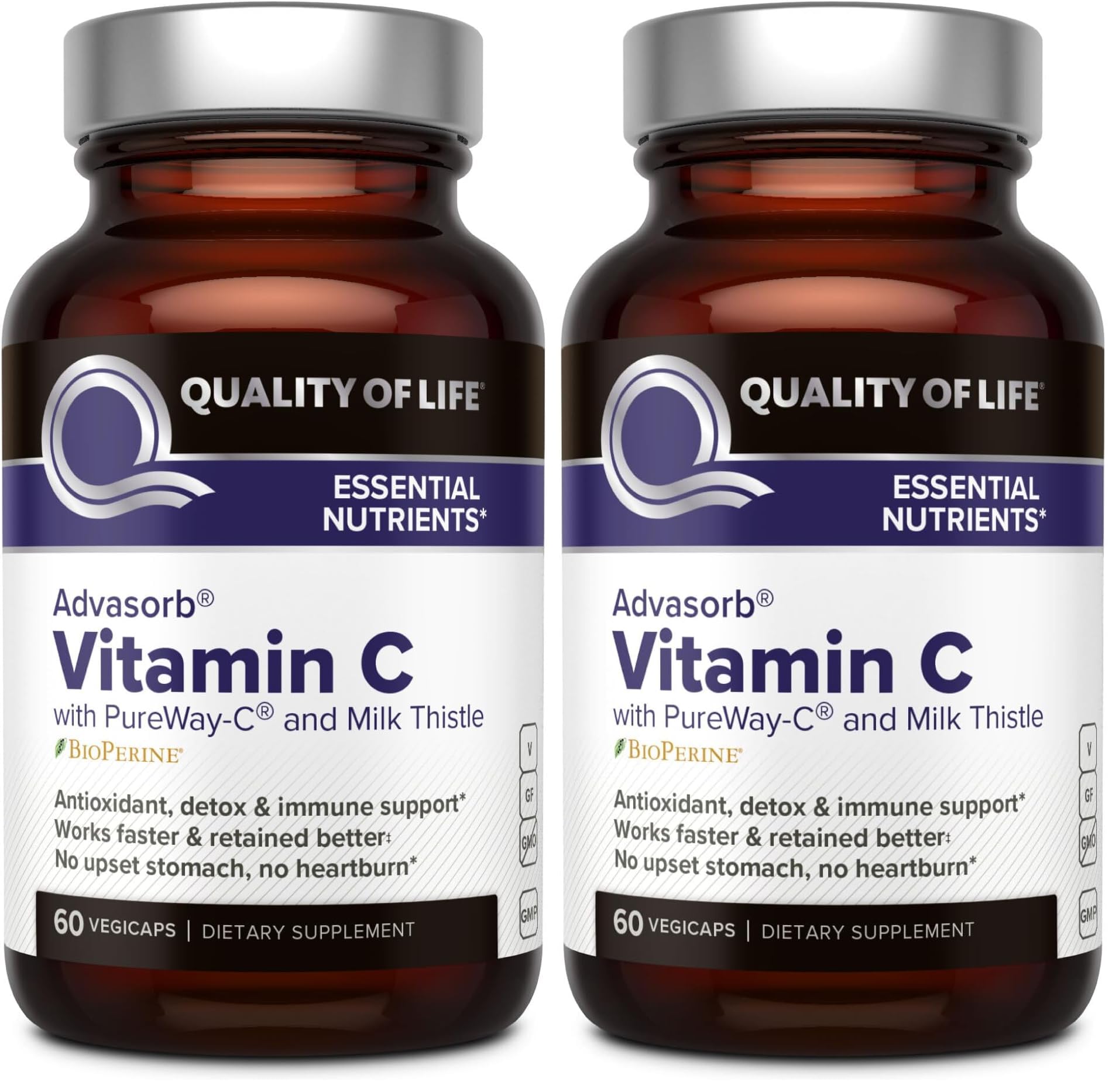 Quality of Life - Advasorb® Vitamin C Supplement - 60 Vegicaps (Pack of 2) 60 Count (Pack of 2)