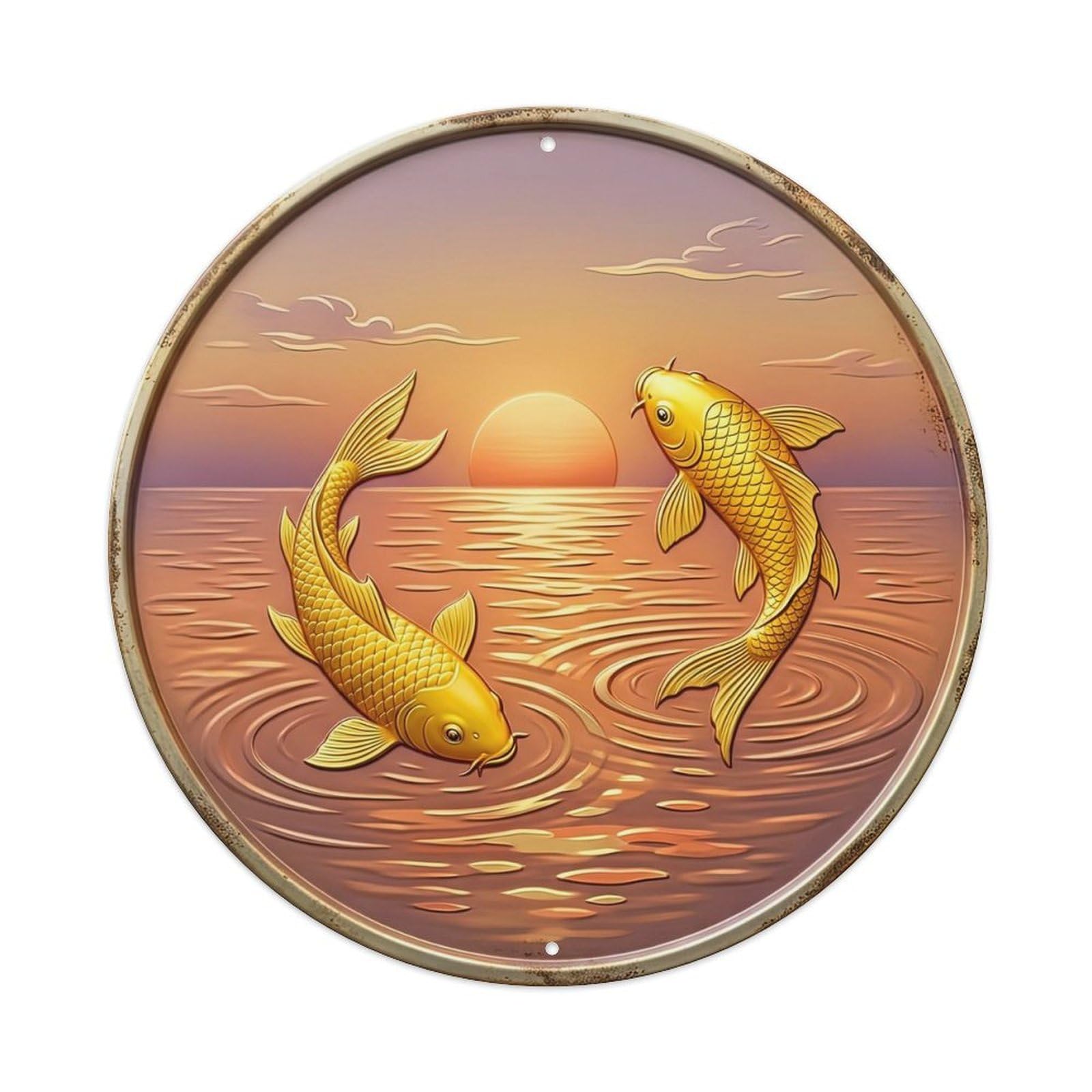 Sunset Glow Evening Swim Koi Fish Metal Tin Sign Plaque Wall Decor for Cafe, Club, Garden Round Metal Poster 8x8Inch