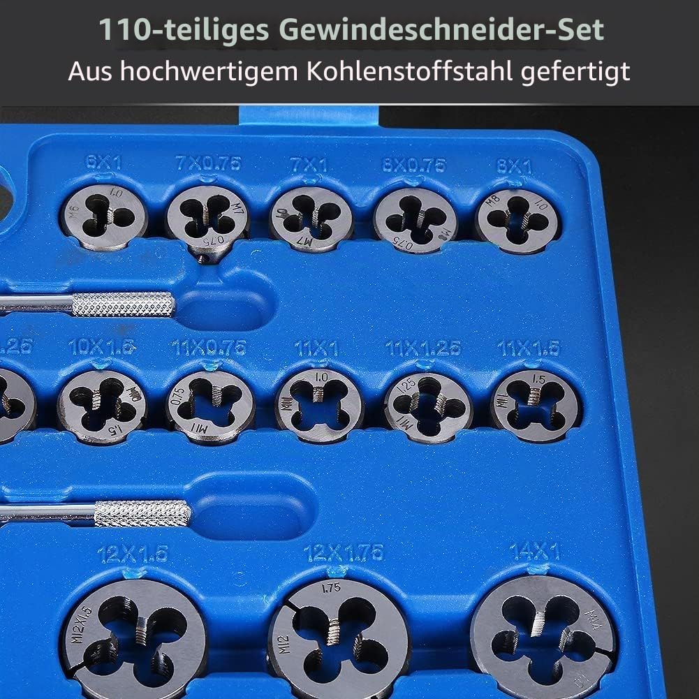 110-tlg Gewindebohrer-Set M2-M18, Gewindeschneider Gewindescheidsatz Professionelles HSS hochgehärteter Hand-Gewindebohrer & Schneideisen mit Werkzeughalter und Werkzeugkoffer