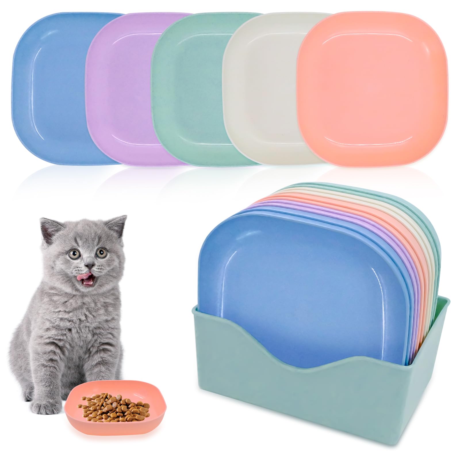 10-Piece Deep Square Pet Bowls Plastic Anti-Slip Base 5.9×5.9×1.2in 200ml Mixed Colors for Small Pets Kittens Puppies