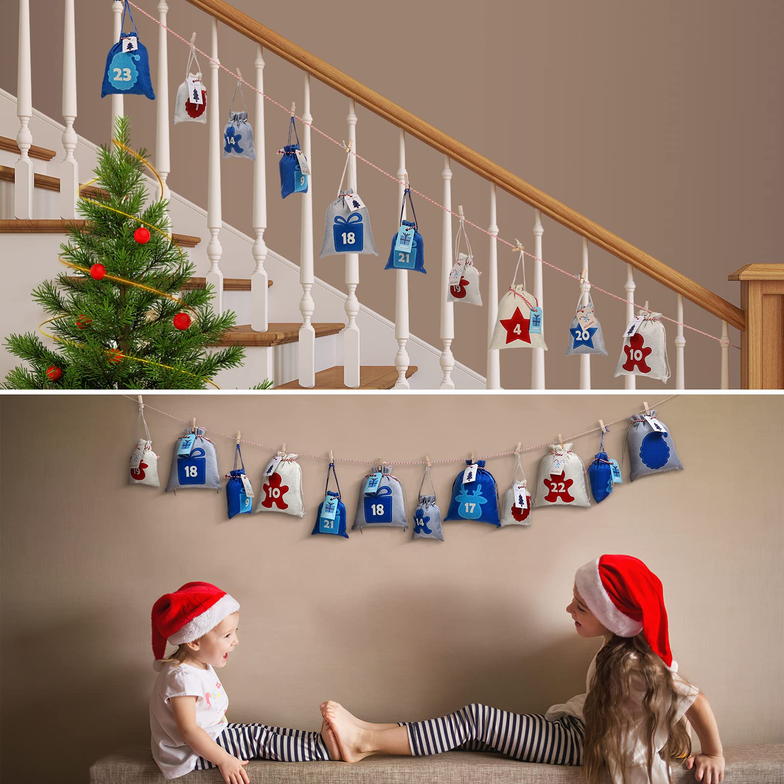Cabilock Kordelzug-Taschen, 26 Stück/Set, dekorative Countdown-Taschen, Weihnachts-Adventskalender, kreative Weihnachts-Hängetaschen, Weihnachtsbaumschmuck