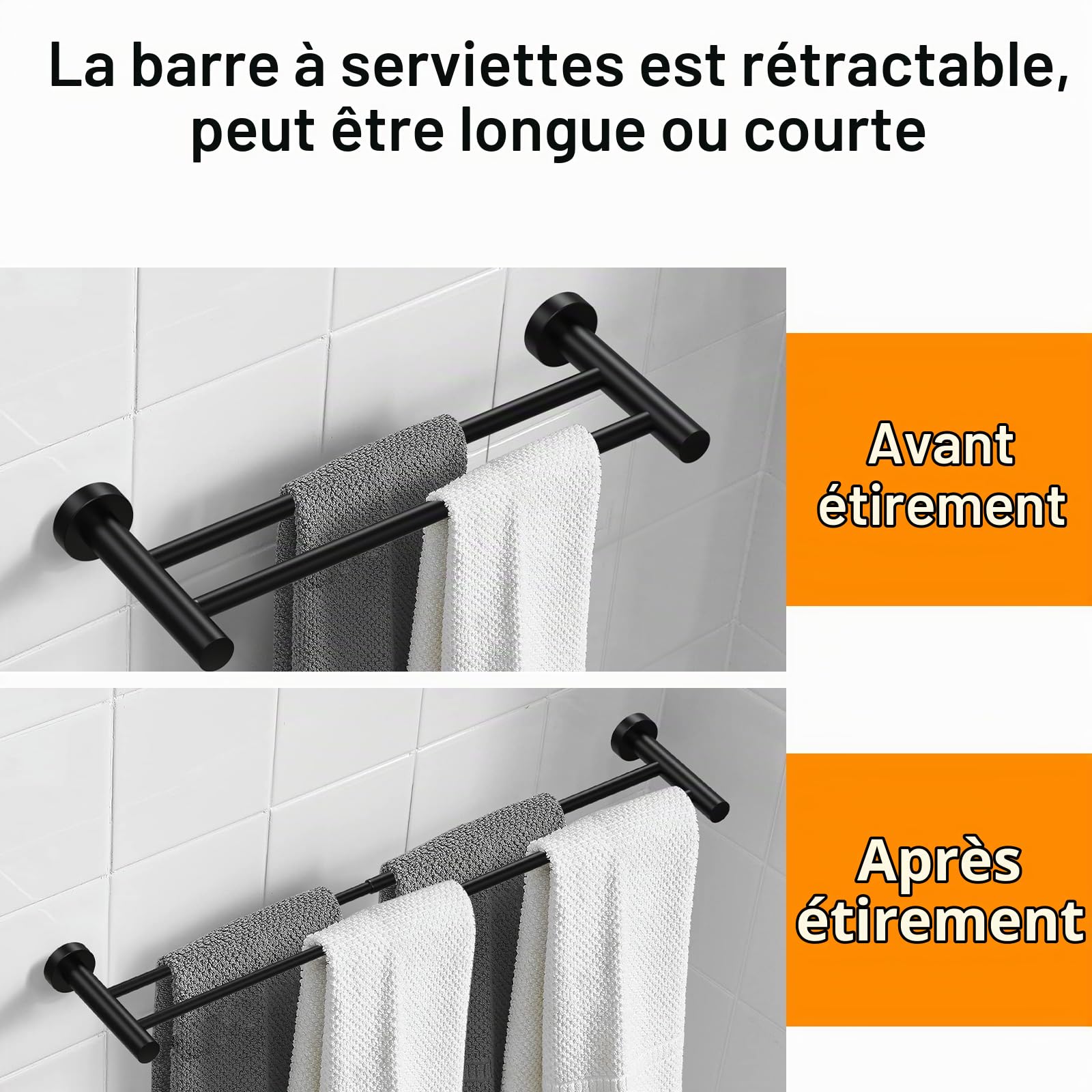 Porte Serviette Rétractable 43-72CM Porte-Serviettes Barre Porte-Serviette Acier Inoxydable Porte-Serviettes Mural, Noir (Double Barre)
