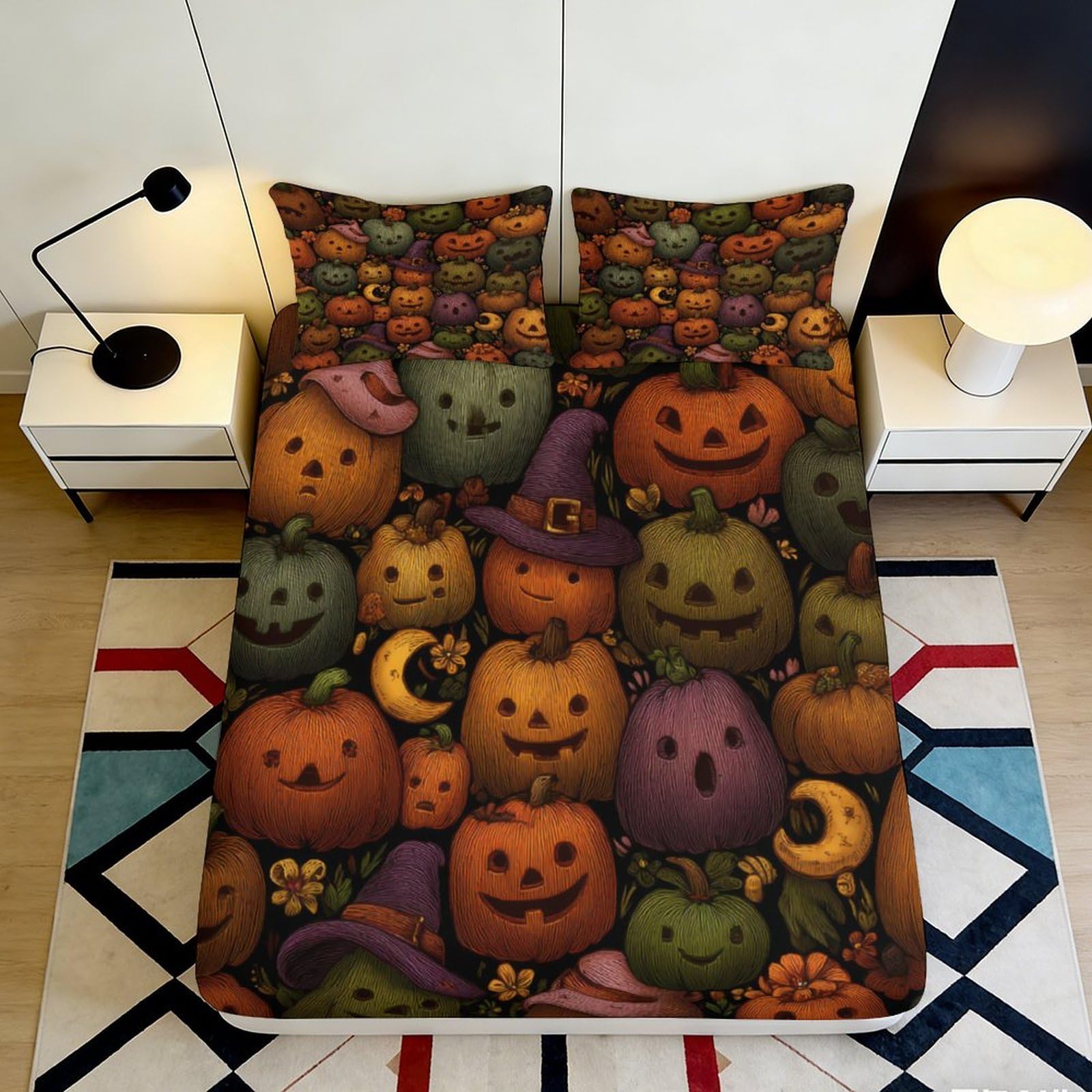 Jqzkxnhpbr Style-10 3D Printed Halloween Pumpkin Fitted Sheet Microfiber Soft Bed Cover Ghost Moon Mattress Protector For Bedroom Dorm Decor 90X200x25cm
