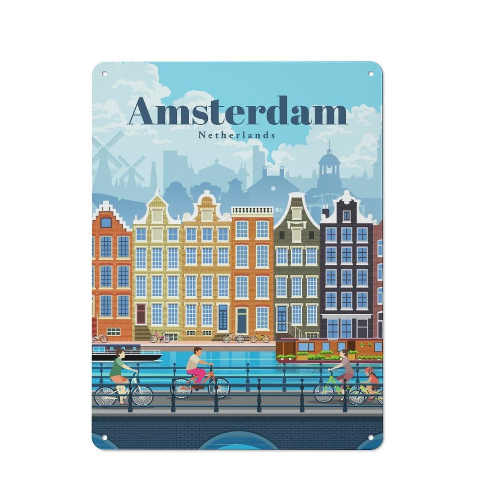 Travel to Amsterdam Farmhouse Metal Sign 40x30cm, Rustic Cottage Wall Art for Cottage, Kitchen, Hallway Or Breakfast Nook