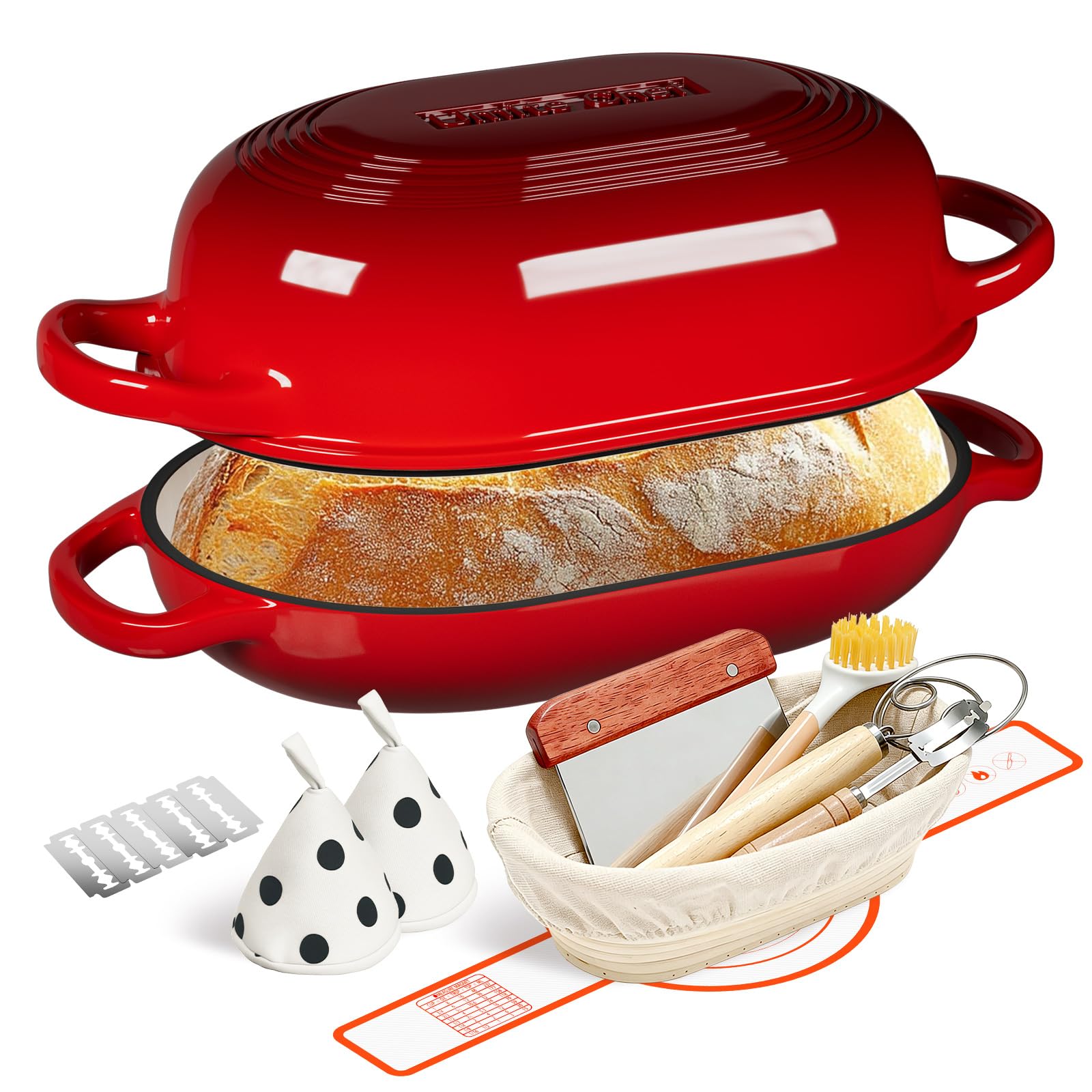 Photo 1 of Enameled Cast Iron Sourdough Bread Oven, Dutch Oven, incl. Sourdough Bread-Baking Supplies like Banneton Bread-Proofing Basket - 5QT Loaf Cast Iron Bread Pan for Homemade Bread Baking, Red Meatloaf Pan with Lid