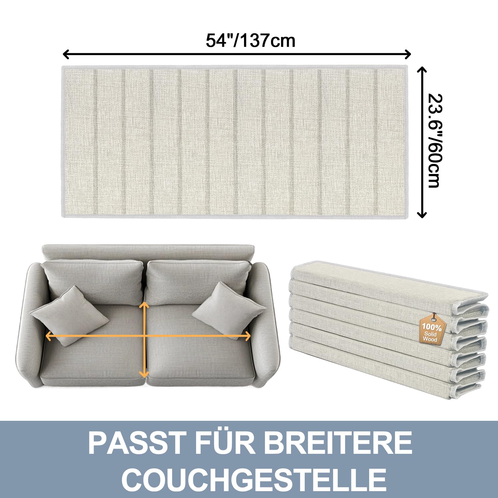 Cojín de sofá para asientos de 2 plazas (60 x 137 cm), tablas de apoyo de madera para sofá de 2 plazas con esquinas redondeadas extra gruesas (beige)