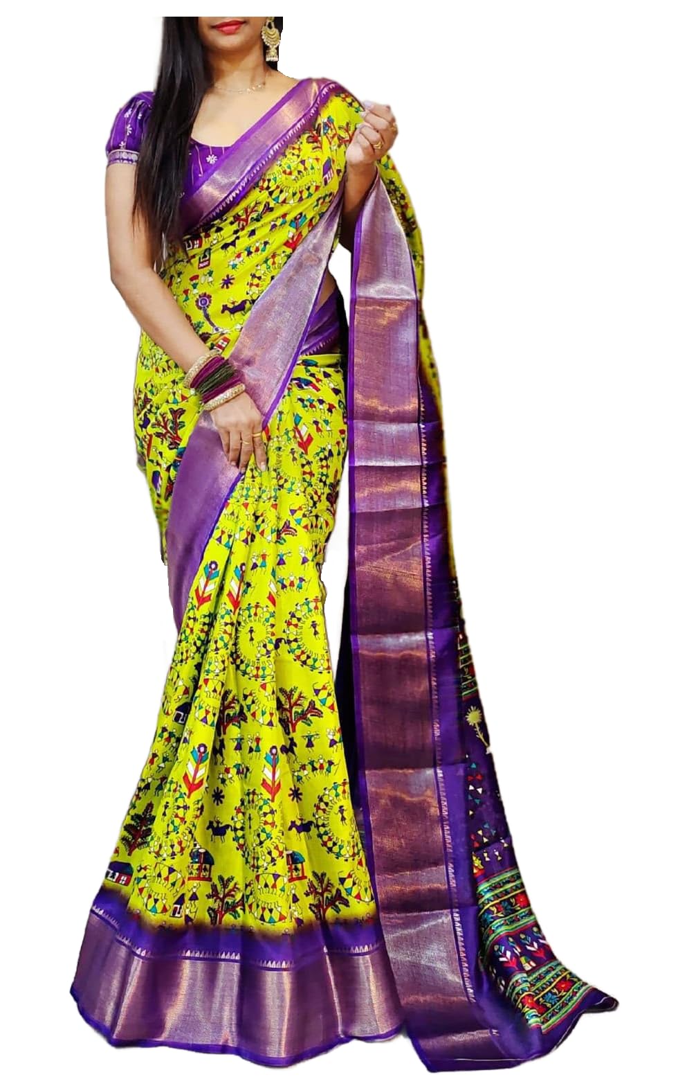 SidhidataWomen's Dola Silk Warli Art Printed Saree With Unstitched Blouse Piece (Warli Art_Free Size)