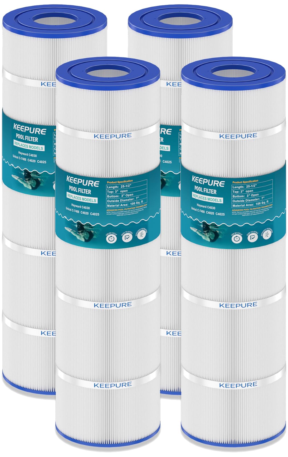 KEEPURE C4030 Pool Filter Cartridge Compatible with C4025, C4020, PA106-PAK4,C-7488,PA106,FC-1226,FC-6430,CX880XRE,4 x 106 sq.ft, 4Pack