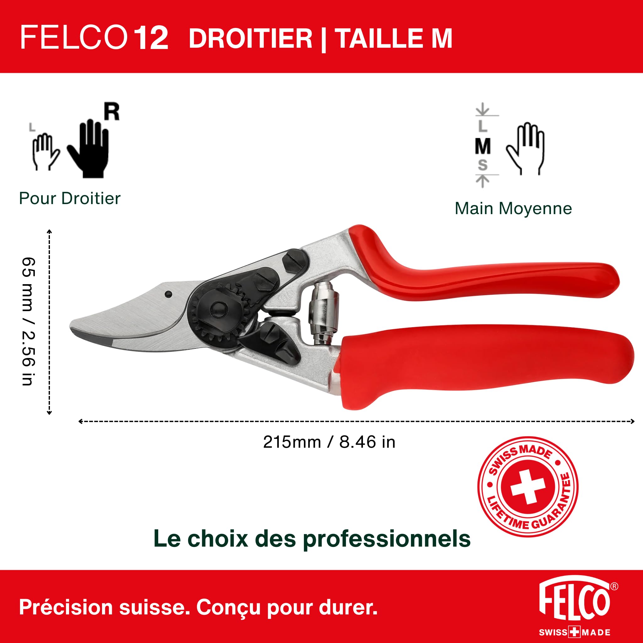 FELCO 12 sécateur bypass droitier avec poignée tournante, ergonomique pour main moyenne, lame 42 mm, coupe 20 mm, tête inclinée, amortisseurs, outil de taille compact, fabriqué en Suisse