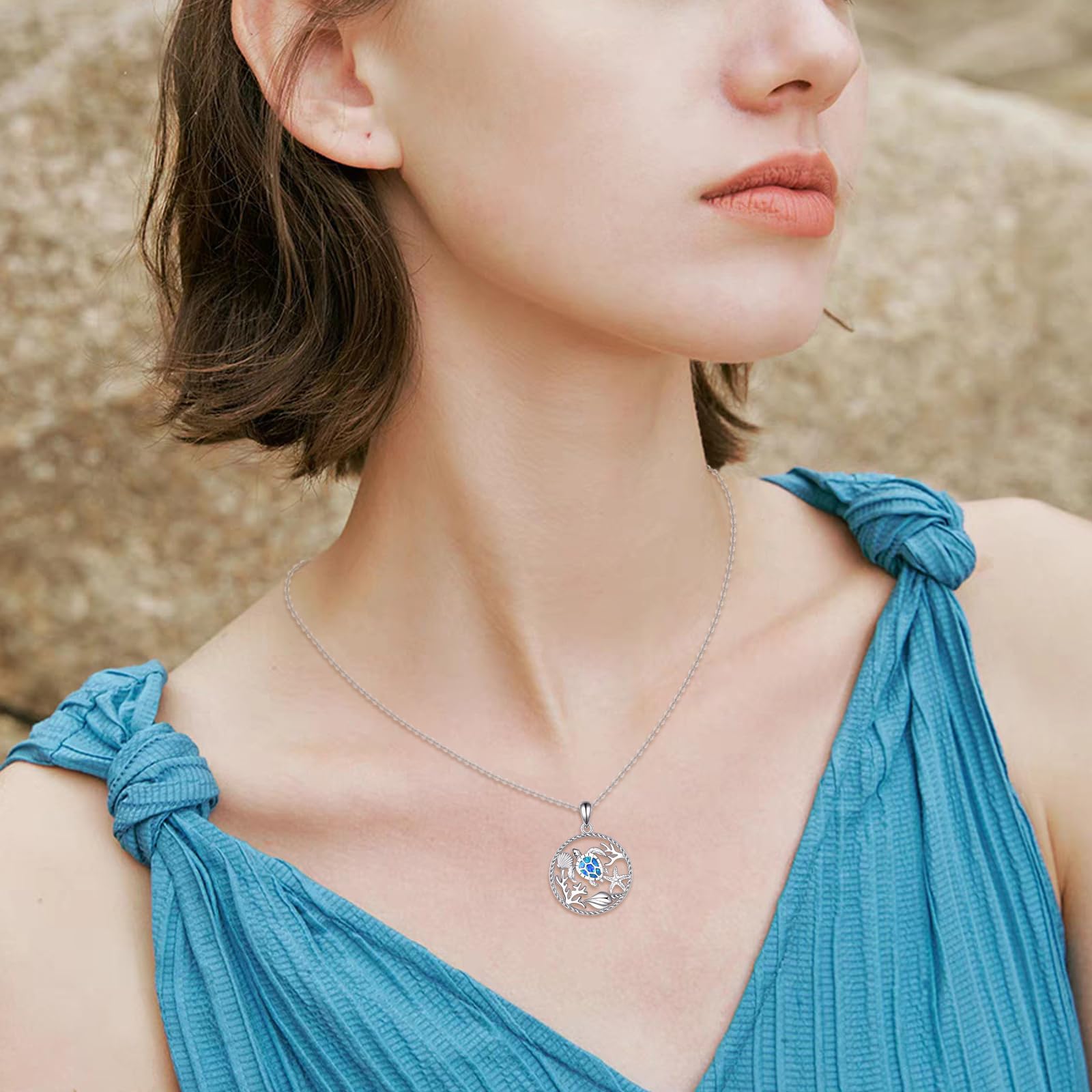 AXELUNA Blauer Opal Schildkröte Halskettefür Frauen Männer S925 Sterling Silber Meer Schildkröte Anhänger Halskette Ozean Schmuck Geschenk für Mutter Ehefrau