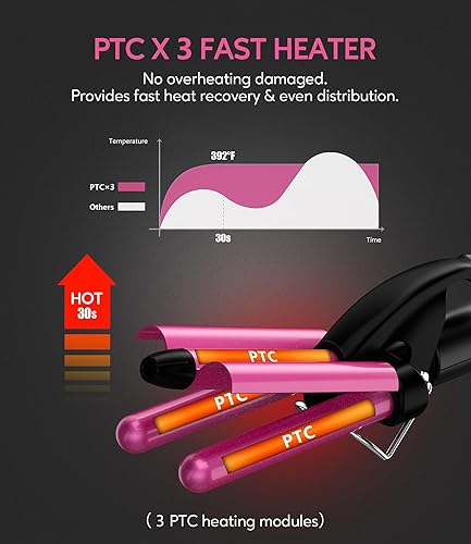 Miniatura 5 de Mini rizador de pelo ondulado de 3 temperaturas ajustables, rizador de 3 barriles para cabello corto, rizador de cabello para mujeres, ondas de