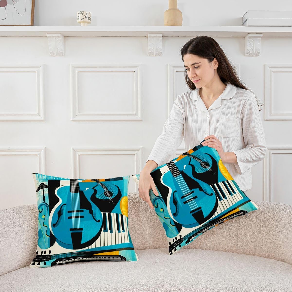 Erosebridal Retro Music Throw Pillow Covers 18x18 Set of 4 for Adults - Modern Musical Instrument Pillow Cover Abstract Geometric Square Cushion Cover Mid Century Jazz Pillowcases for Couch Sofa image 3