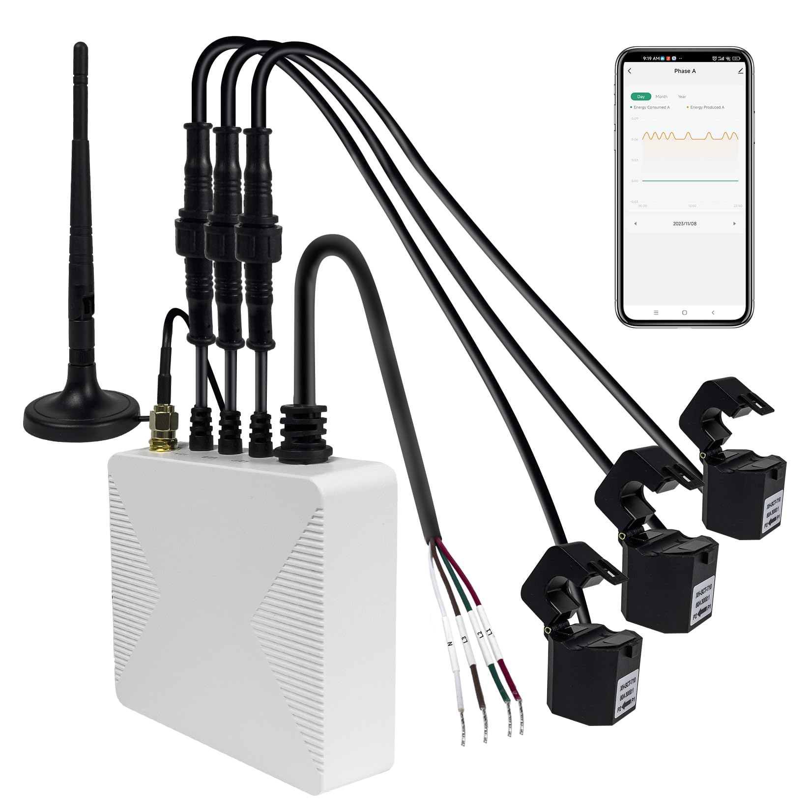 3-Phase WiFi Smart Home Energy Monitor with 3x80A Circuit-Level Sensors - Vue Real-Time Electricity Meter for Smart Life