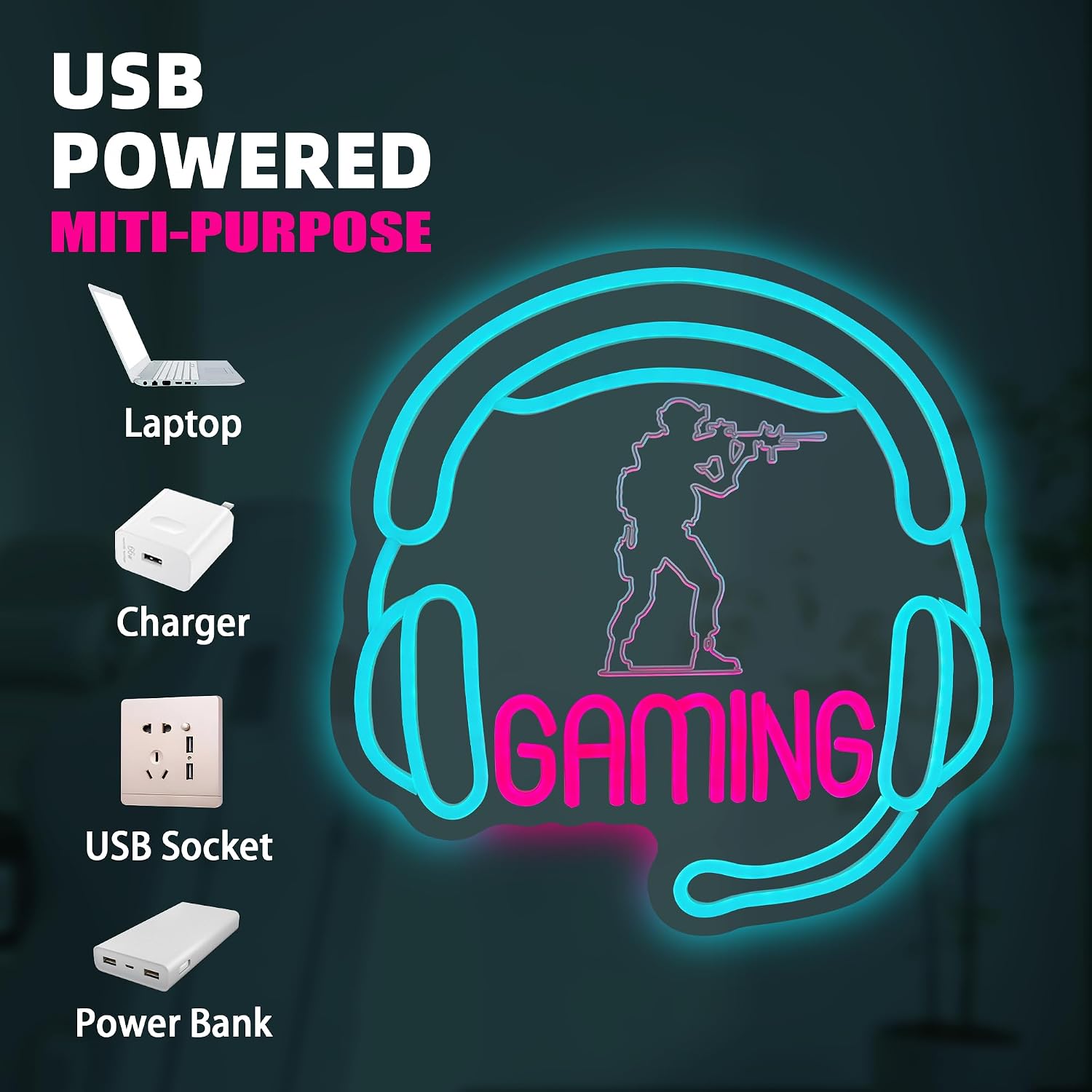 Gamer Gifts Gaming Neon Sign Son Room Decor Lamp Headphones Kids Night Light Gifts for Boys USB Powered Gaming Decorations Led Lights for Bedroom Party Birthday Gifts for Men