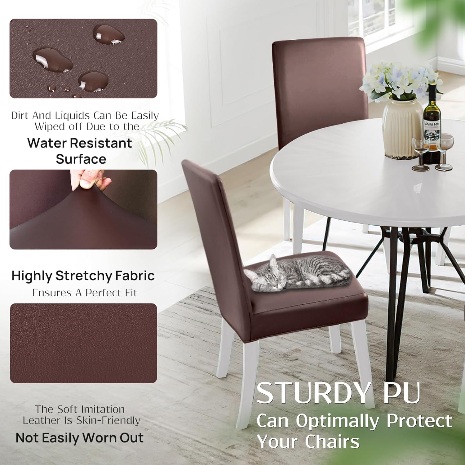 Alishomtll PU Chair Covers Set of 4/6 Leather Stretch Universal Chair Slipcovers Waterproof Elastic Dining Room Chair Covers Washable Chairs Protection for Kitchen Restaurant Hotel (Brown, 6 pcs)