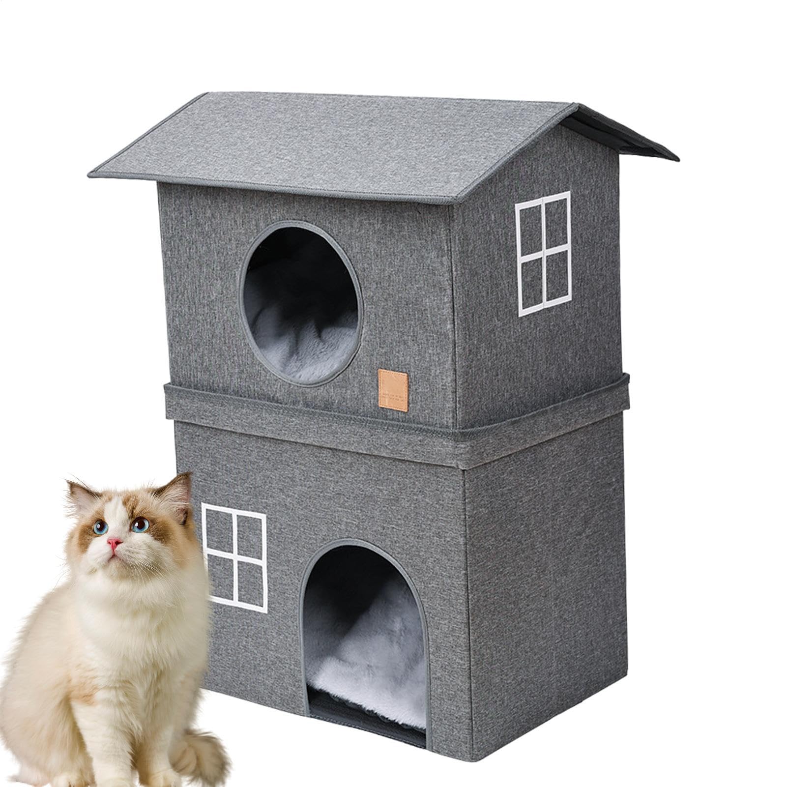 Casa per Gatto | Capanna Semi-Chiusa A Due Livelli | Grotta Semi-chiuso per Gatti - Destinato agli Animali Piccoli, Gattini per Relax, Riposo, Sonno, Raschiatura