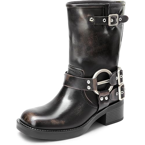 DREAM PAIRS Mid Calf Boots for Women, Square Toe Motorcycle Boots with Buckles, Women's Biker Boots with Low Chunky Heel