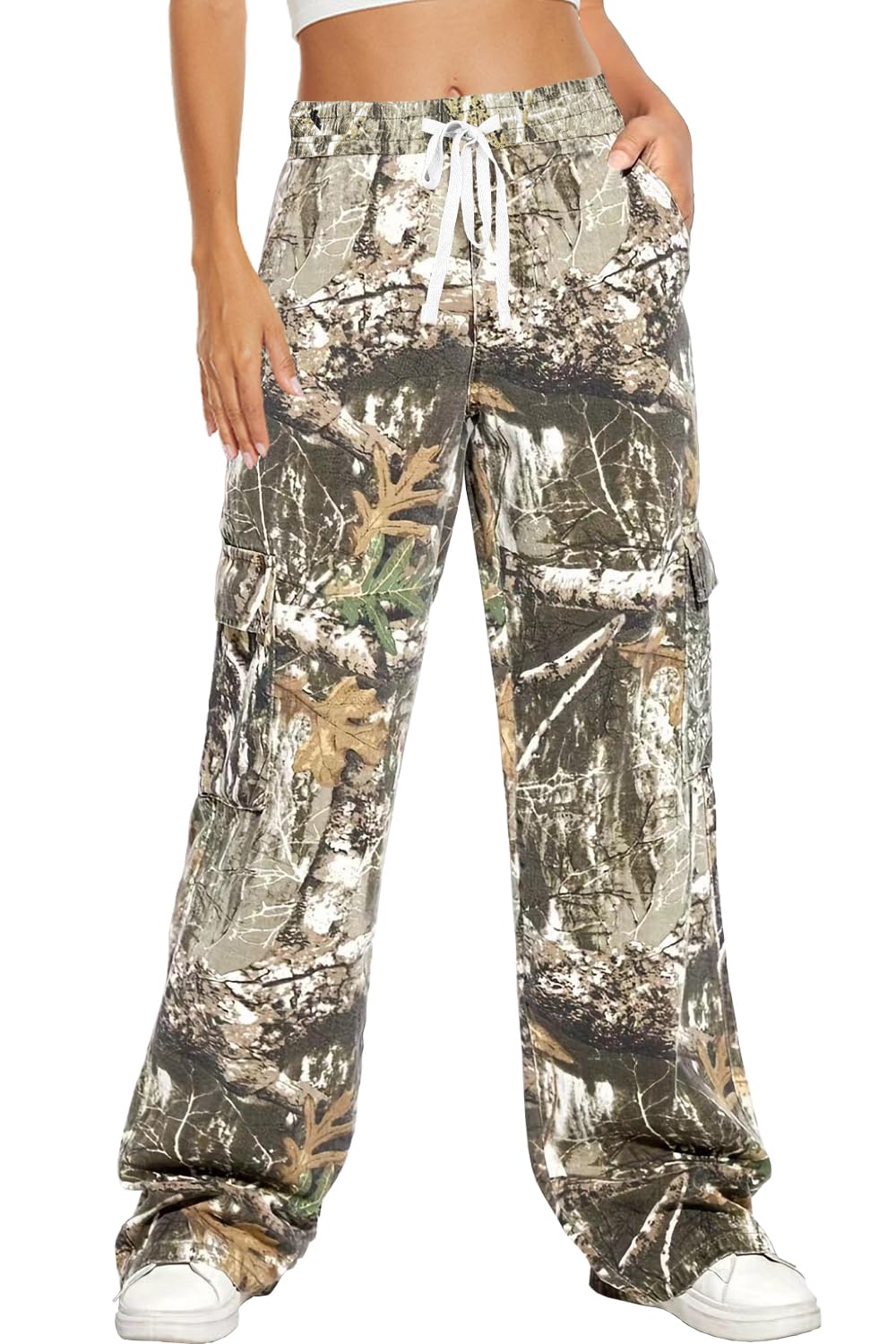 HVEPUO Camo Pants Women High Waisted Wide Leg Casual Y2K Camoflage Cargo Pants Baggy Elastic Waist Straight Jeans Trousers