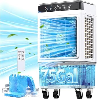 Portable Swamp Cooler Air Conditioner, 4-in-1 Evaporative Air Cooler with 7.5-Gal Tank for 30H Cooling, Dry-Burn Protection, Remote, 12H Timer, 4 Ice Packs, 120 Oscillation for Home Office Garage