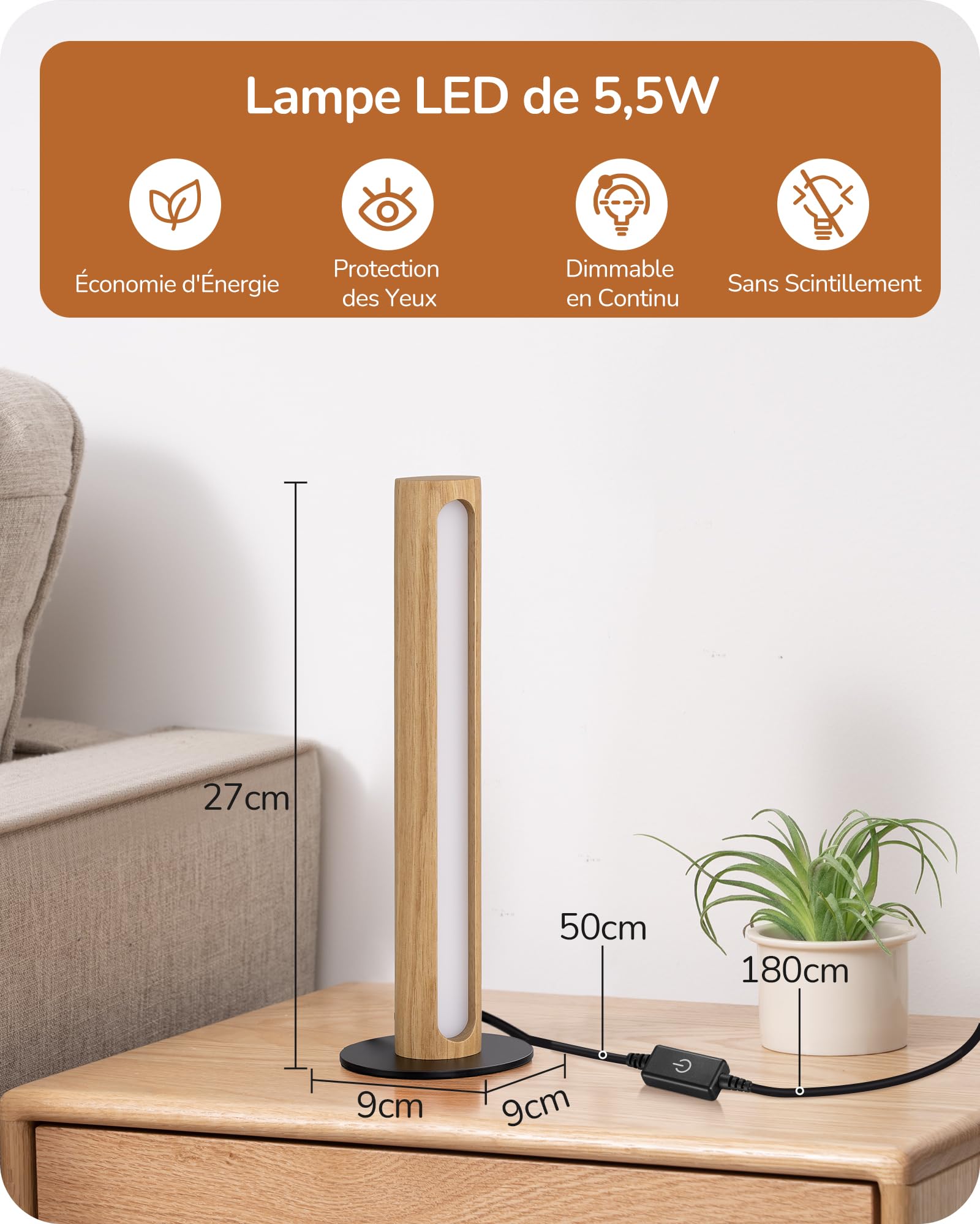 EDISHINE Lampe Chevet Bois, Variateur Tactile, 3 Températures de Couleur | Lampe de Table LED Intégrée avec Pied Métal & Cadre Bois, Fonction Mémoire, 3 Températures de Couleur pour Chambre, Bureau