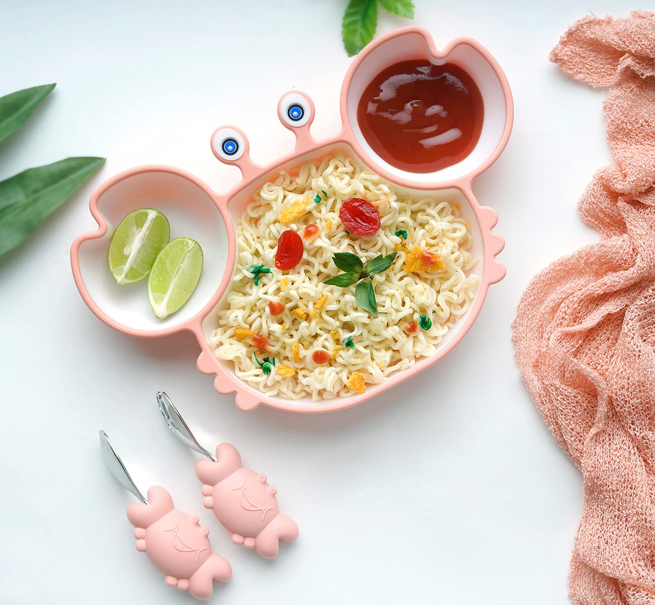 Starkiddo® Cute Crab Baby Suction Silicon Bowl with Easy Grip Handle Spoon and Fork. Fits All Highchairs and Kiddie Tables (Flamingo Pink)