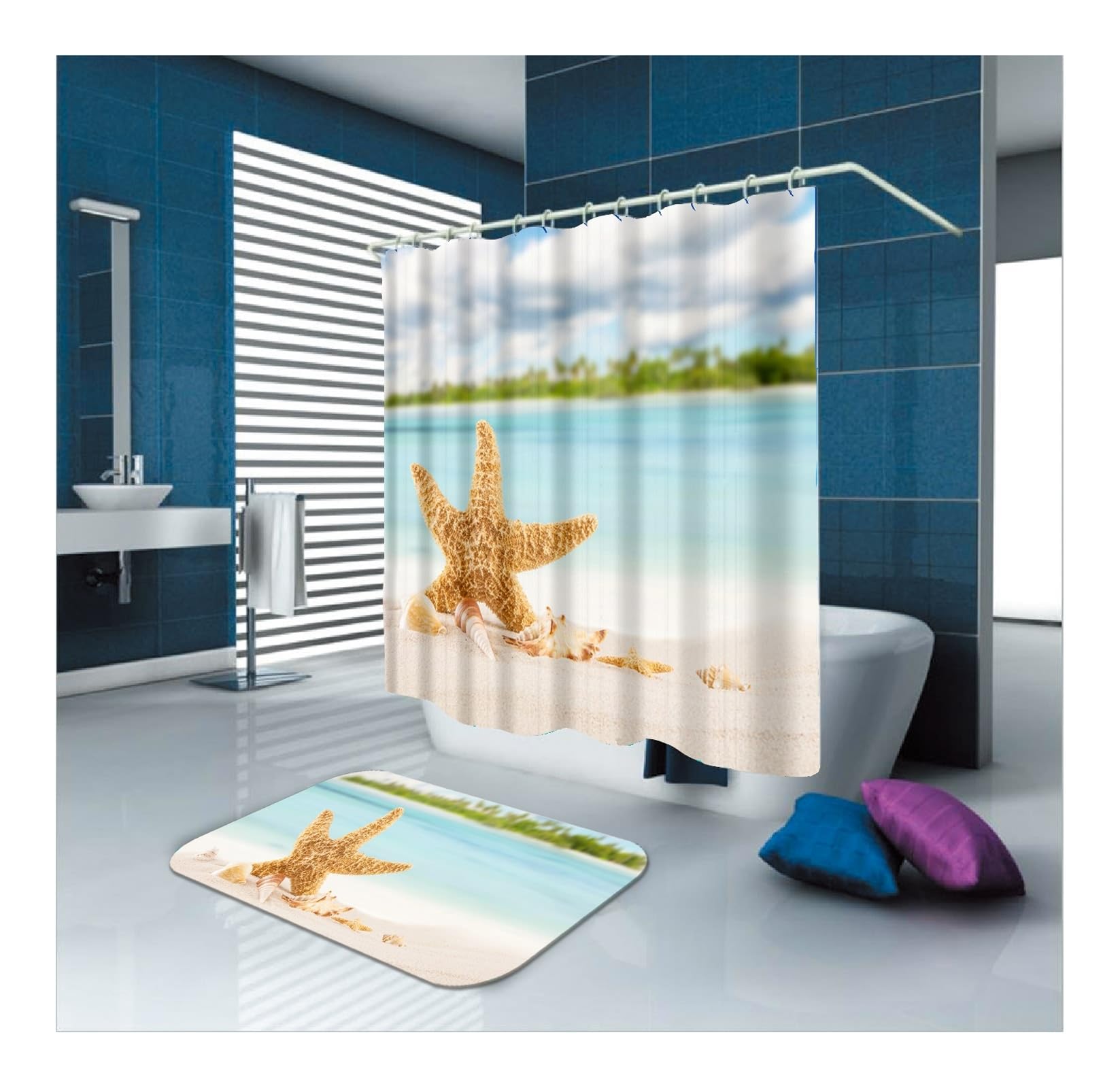 Cortina de ducha de 180 x 180 cm, textil azul y marrón, diseño de estrellas de mar, cortina de baño, tela de poliéster, resistente al moho, lavable, 1,8 x 1,8 m de largo (ancho x alto