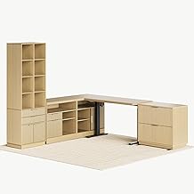 Home Office Furniture Set, 67 Electric Standing Desk with 73 Bookshelf and 2 Drawer Lateral File Cabinet, Office Furniture Desk Sets, Fluted Light Walnut