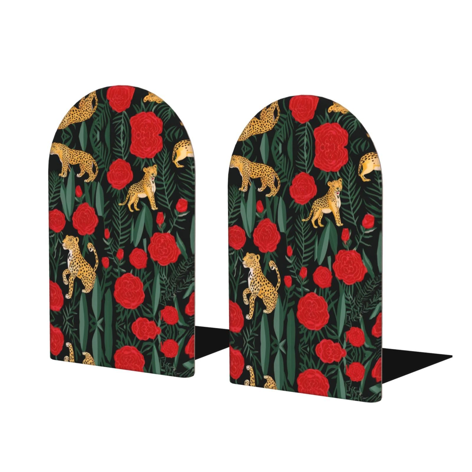 Leopard and Roses Stylish Bookends with Full-Print Design Durable Wooden and Metal Bookend Set for Home, Office