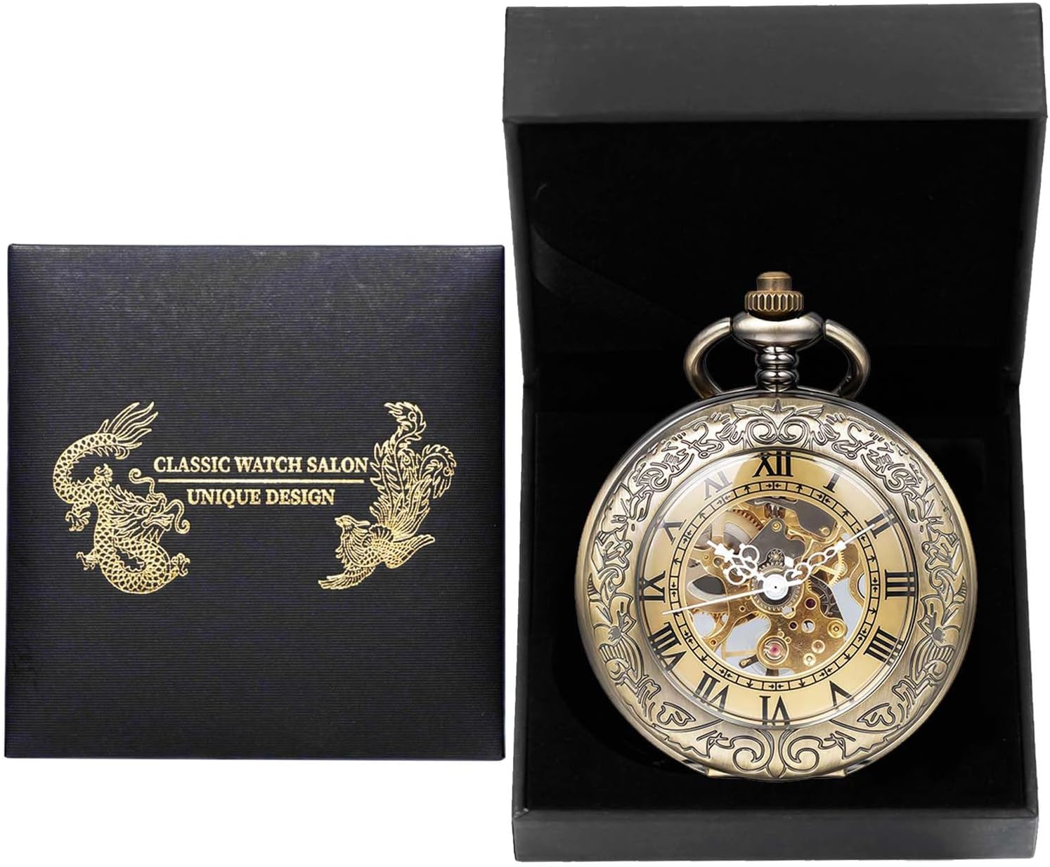 Mechanical Pocket Watch, for Men Women Special Magnifier Half Hunter Engraved Case Roman Numerals with Chain